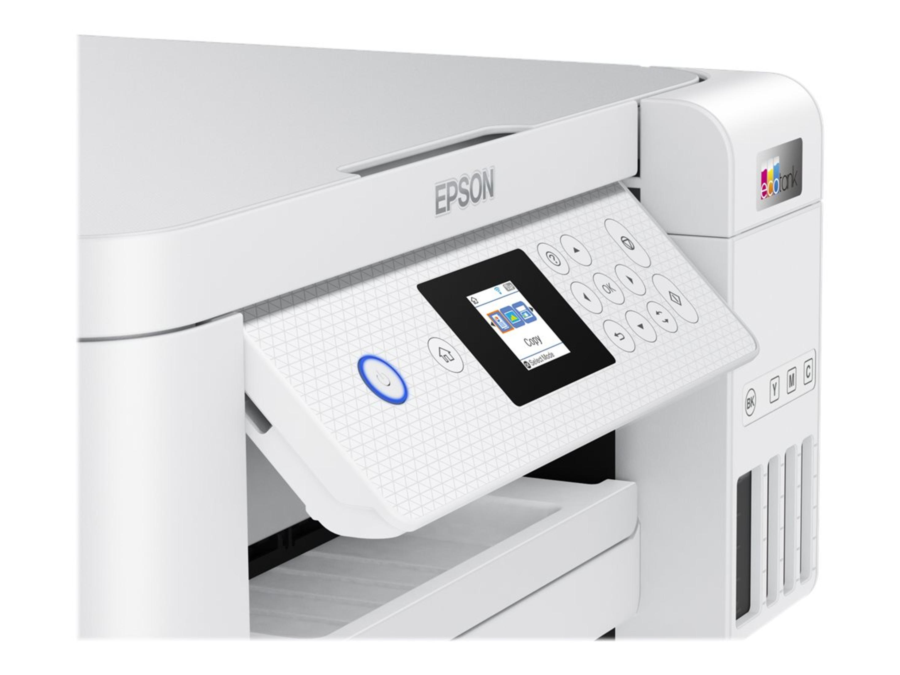 Biała drukarka Epson. Panel sterowania ma wyświetlacz i przyciski. Widoczne logo Epson.