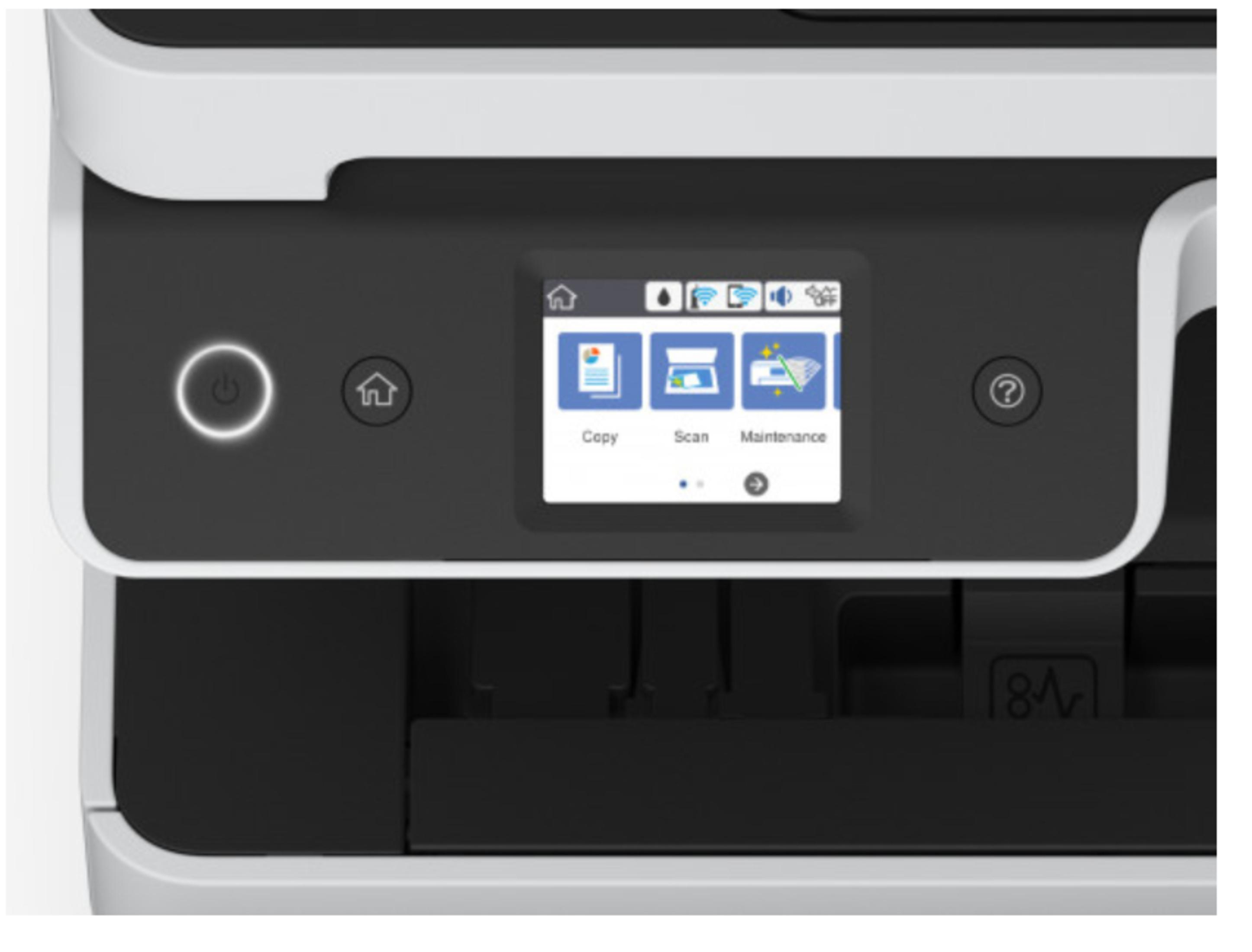 Panel sterowania drukarki z przyciskiem zasilania, przyciskiem start i ekranem.