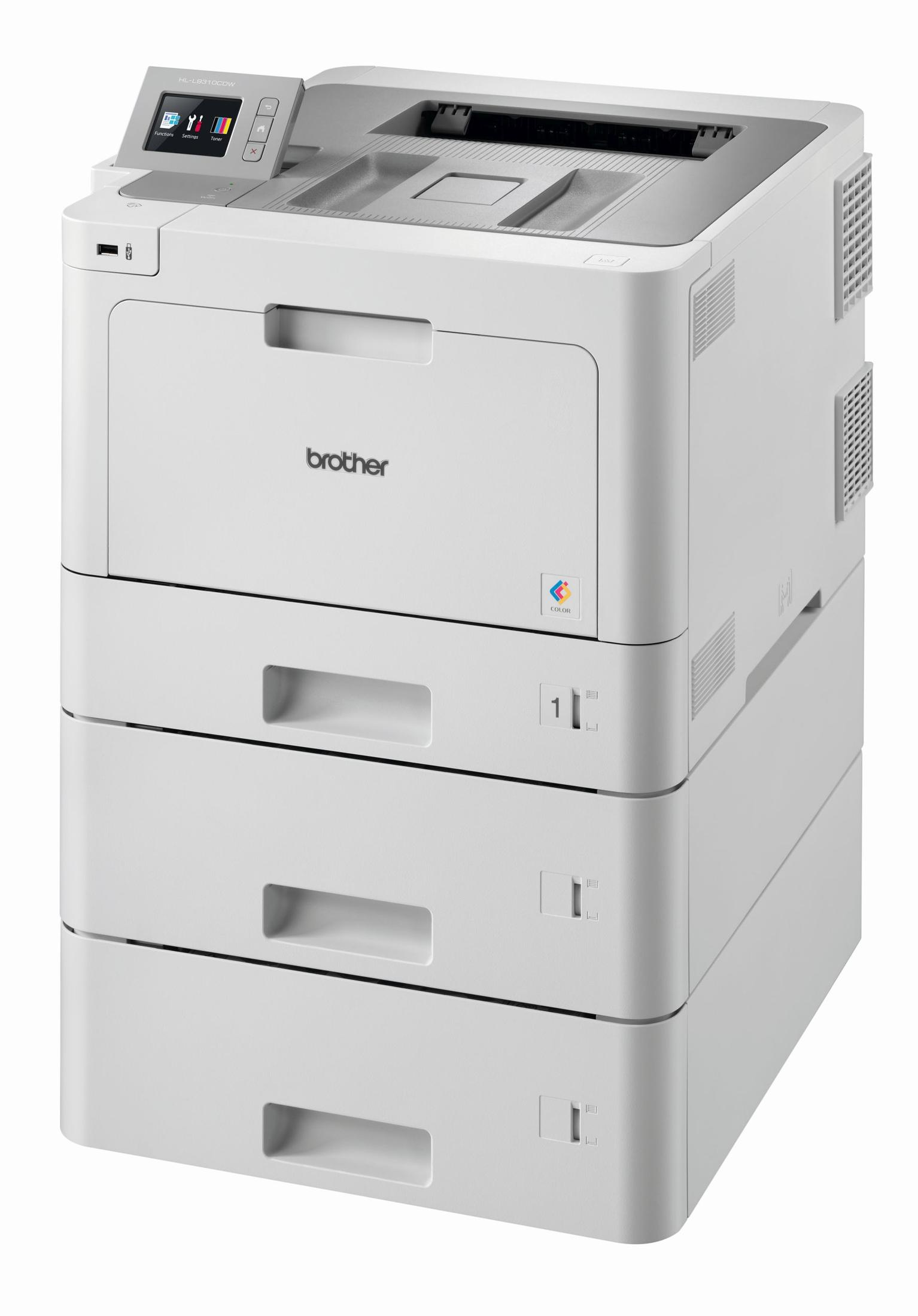 Weißer Brother-Drucker mit drei Papierschächten. Er hat einen Farb-Touchscreen und ein Farblogo.