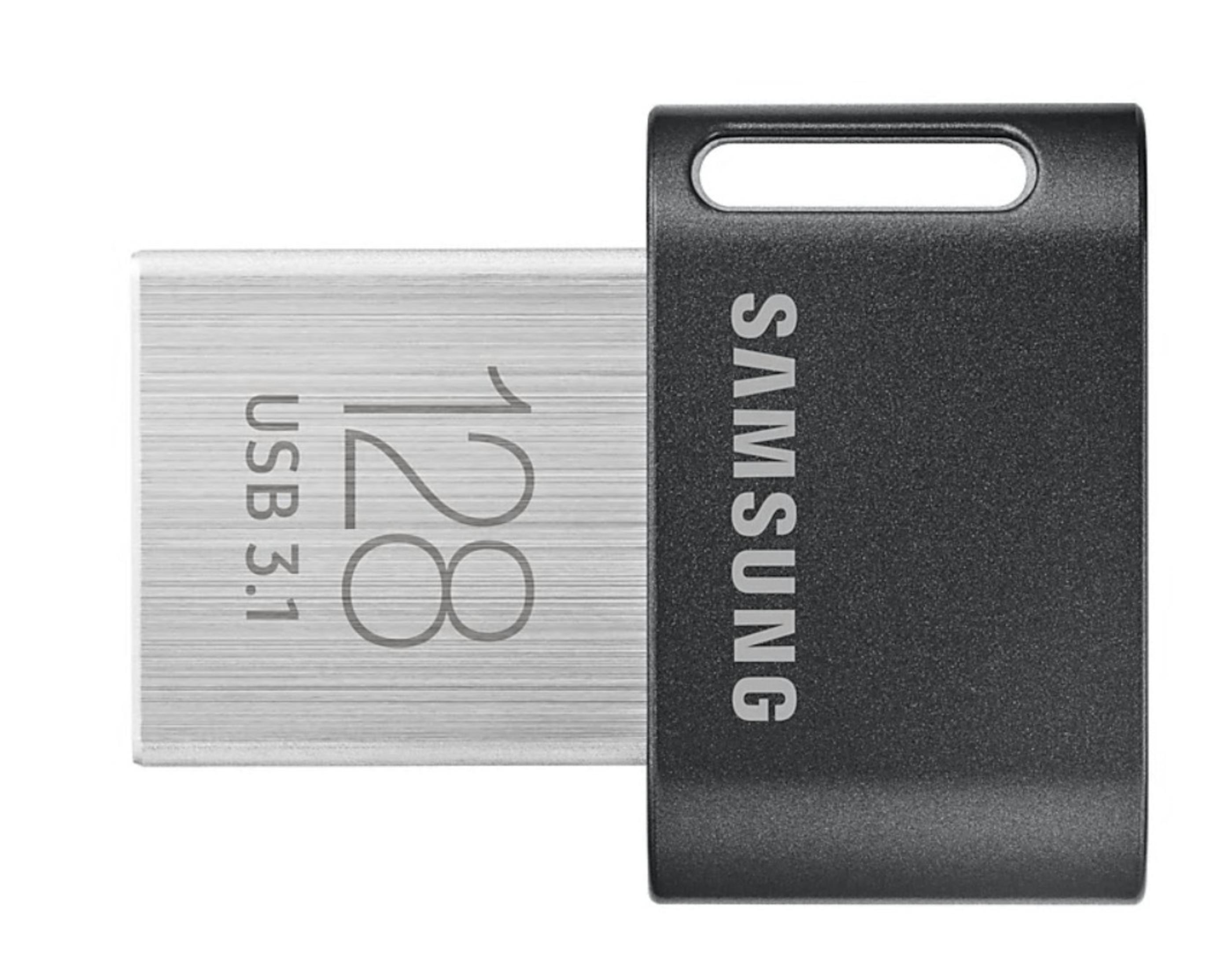Srebrny i czarny pendrive USB 3.1 Samsung. Wydrukowano '128' i 'USB 3.1'. Czarna nasadka z Samsung.