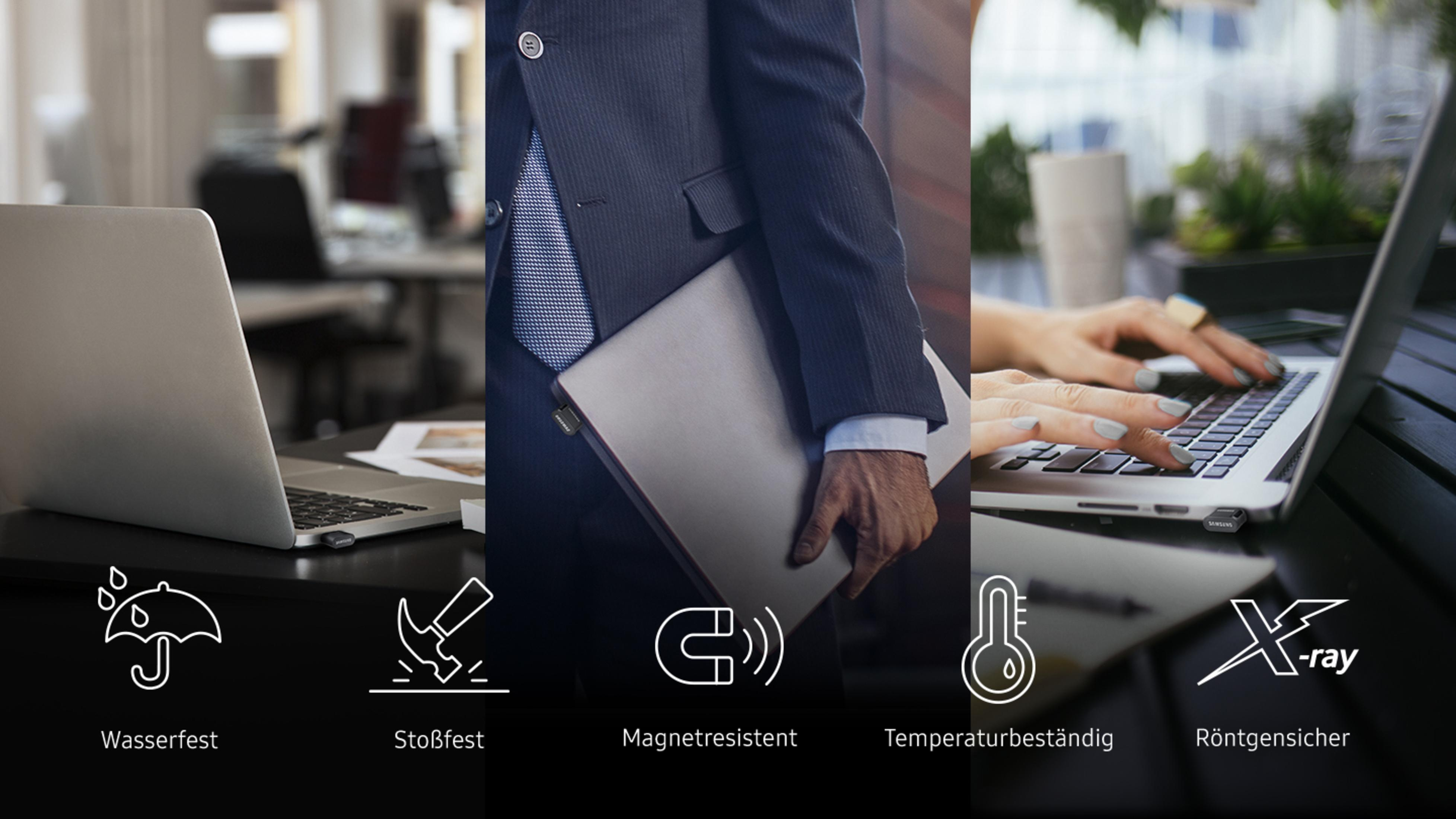 Kolaż osób korzystających z laptopów oraz ikon: wodoodporność, odporność na wstrząsy, odporność na magnesy, odporność na temperaturę i promieniowanie rentgenowskie.