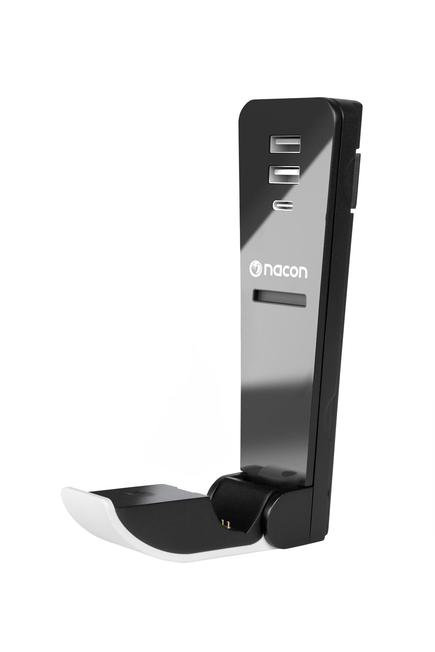 Supporto di ricarica Nacon bianco e nero con porte USB.