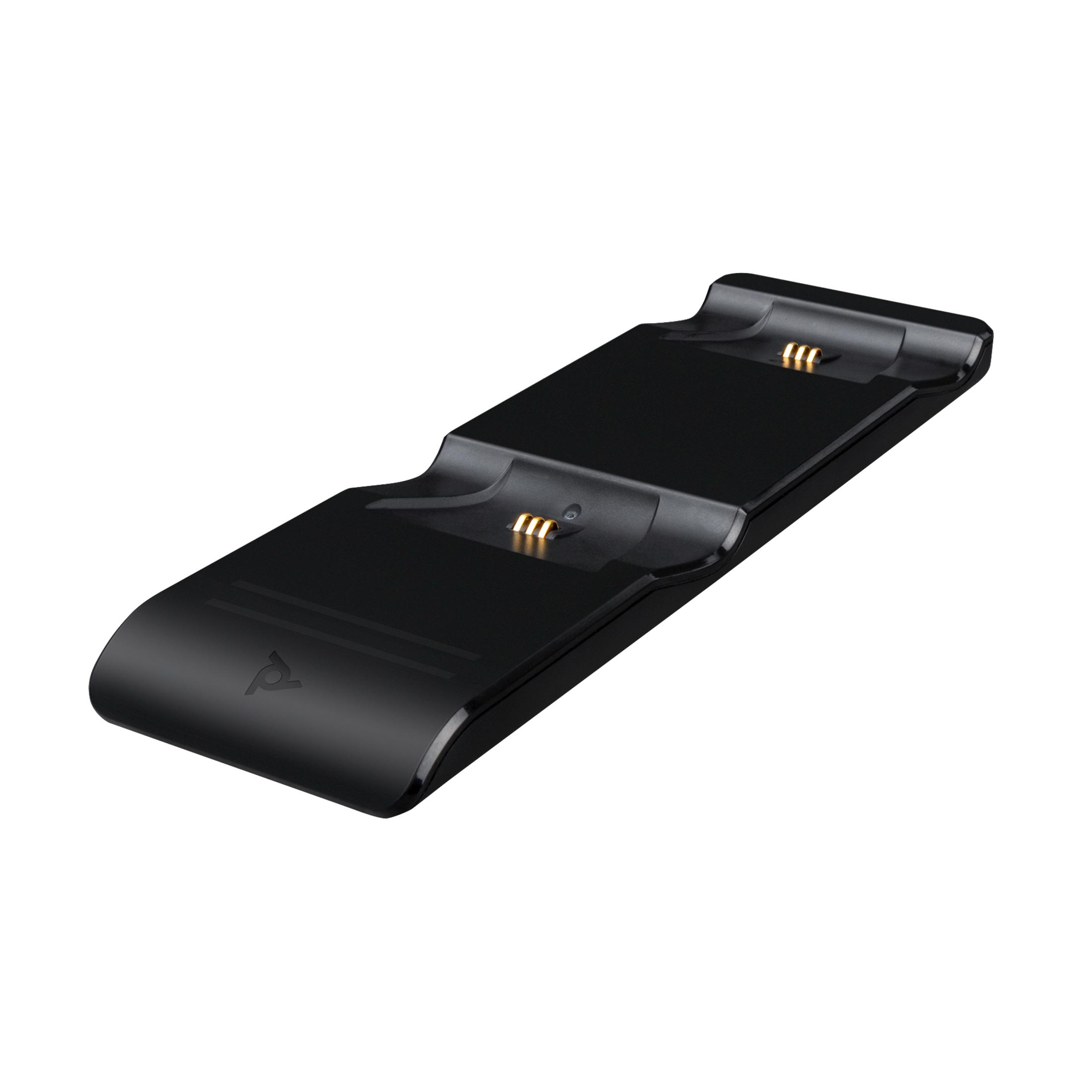 Czarna stacja ładująca do kontrolera. Ma złote złącza i trójkątne logo.