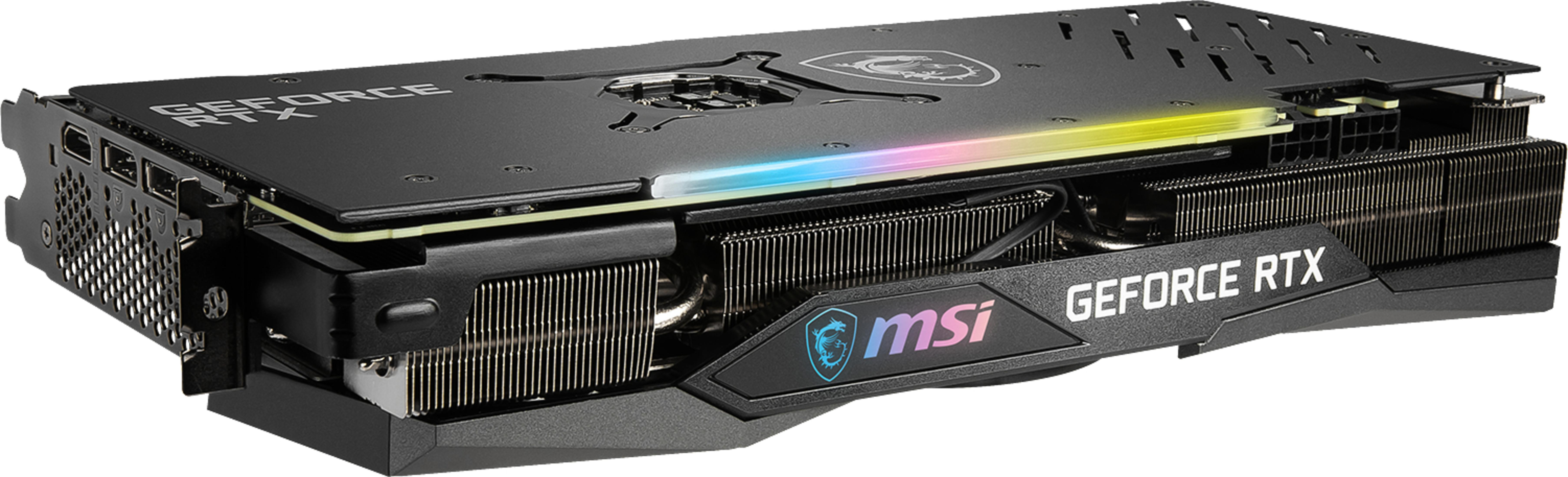 Eine schwarze MSI GeForce RTX-Grafikkarte mit Lichtleiste. Die Karte hat die GeForce RTX- und MSI-Logos.