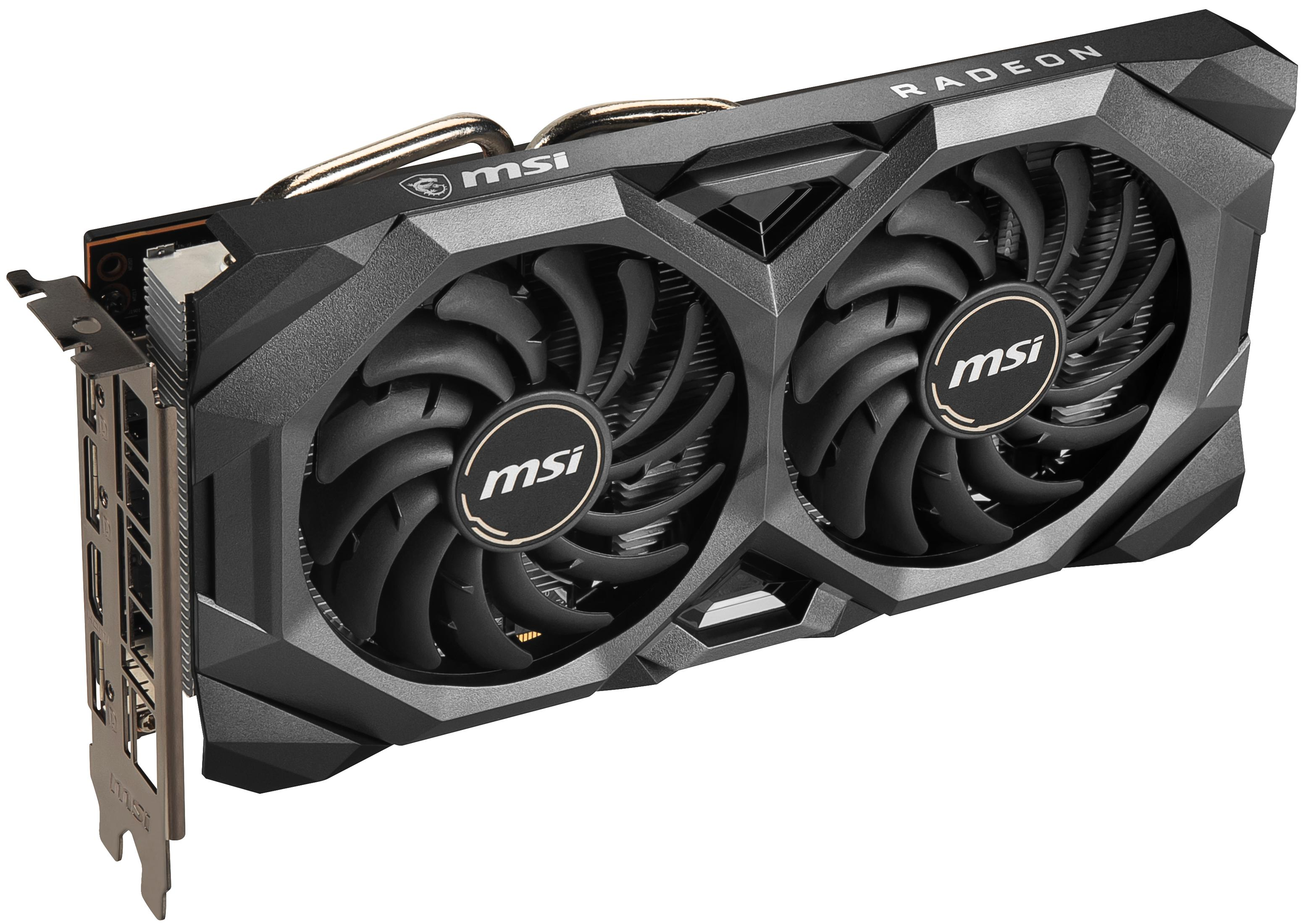 Schwarze und graue MSI Radeon Grafikkarte mit zwei Lüftern, Schrägansicht, weißer Hintergrund.