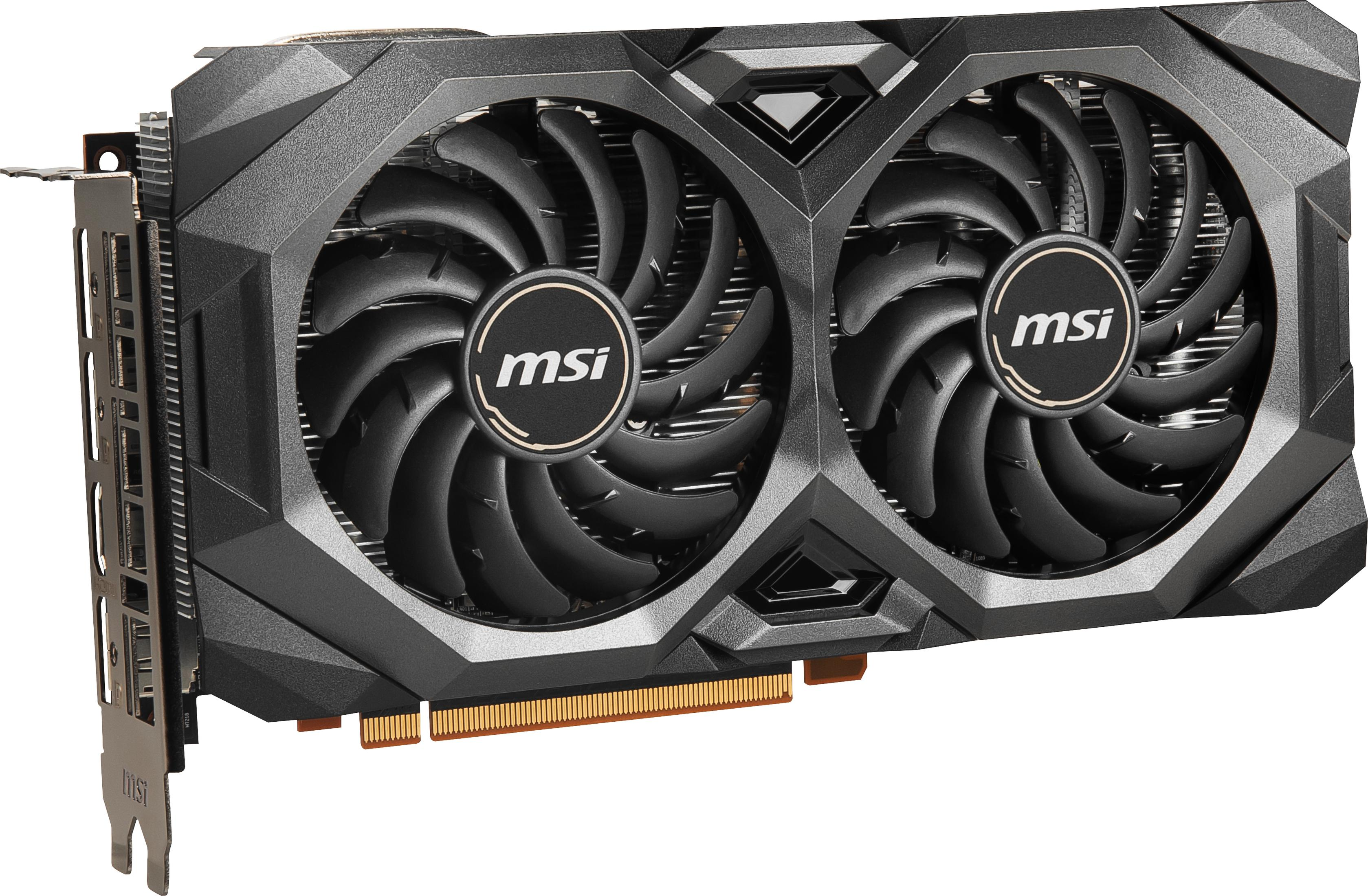 Eine schwarze und graue Computergrafikkarte. Zwei Lüfter und das MSI-Logo sind sichtbar. Die Karte ist abgewinkelt.