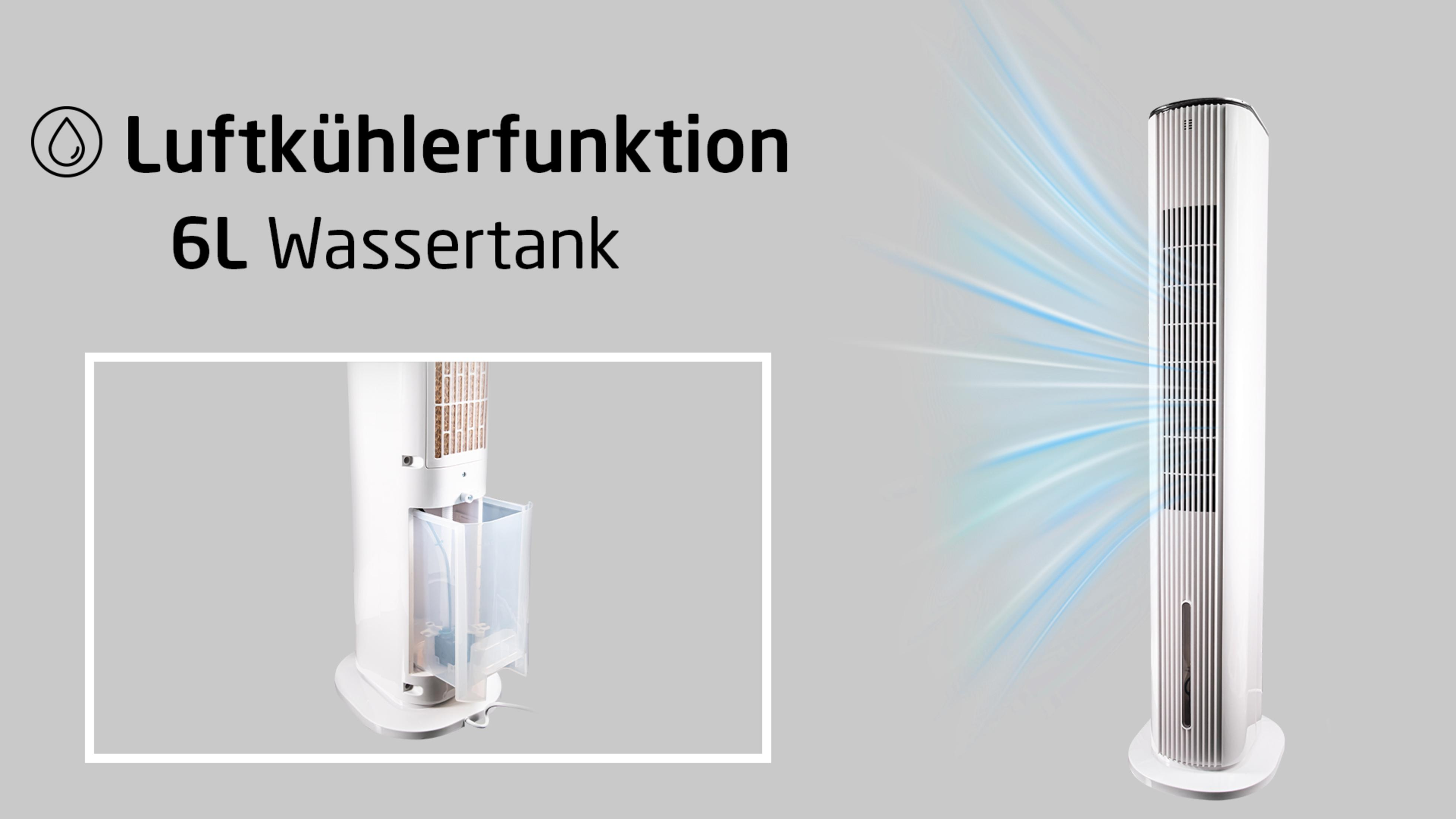 Weißer Turmventilator mit Wassertank, Text auf Deutsch. Blaue Luft kommt heraus.