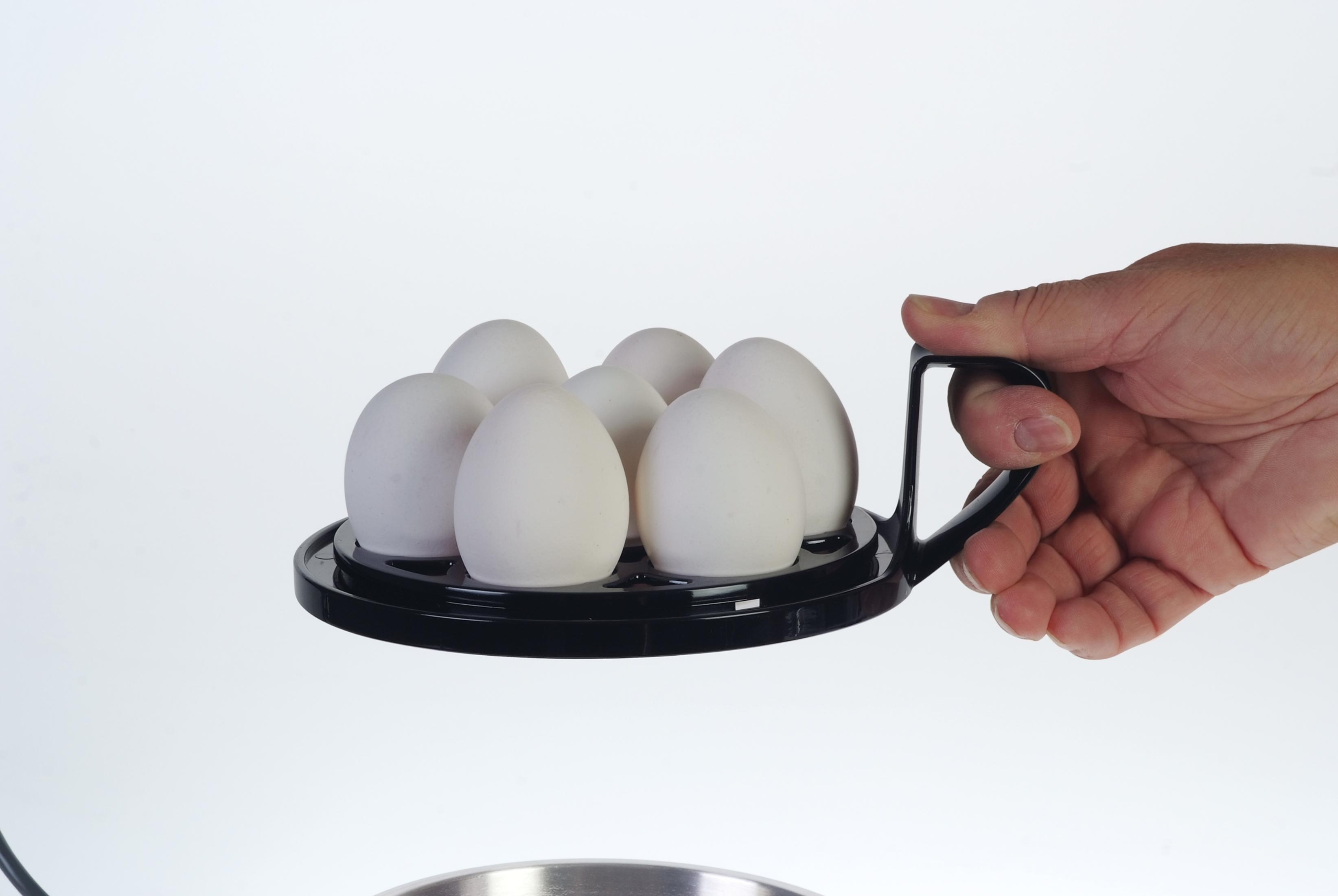 Una mano che tiene un portauova nero con sei uova bianche su uno sfondo bianco.