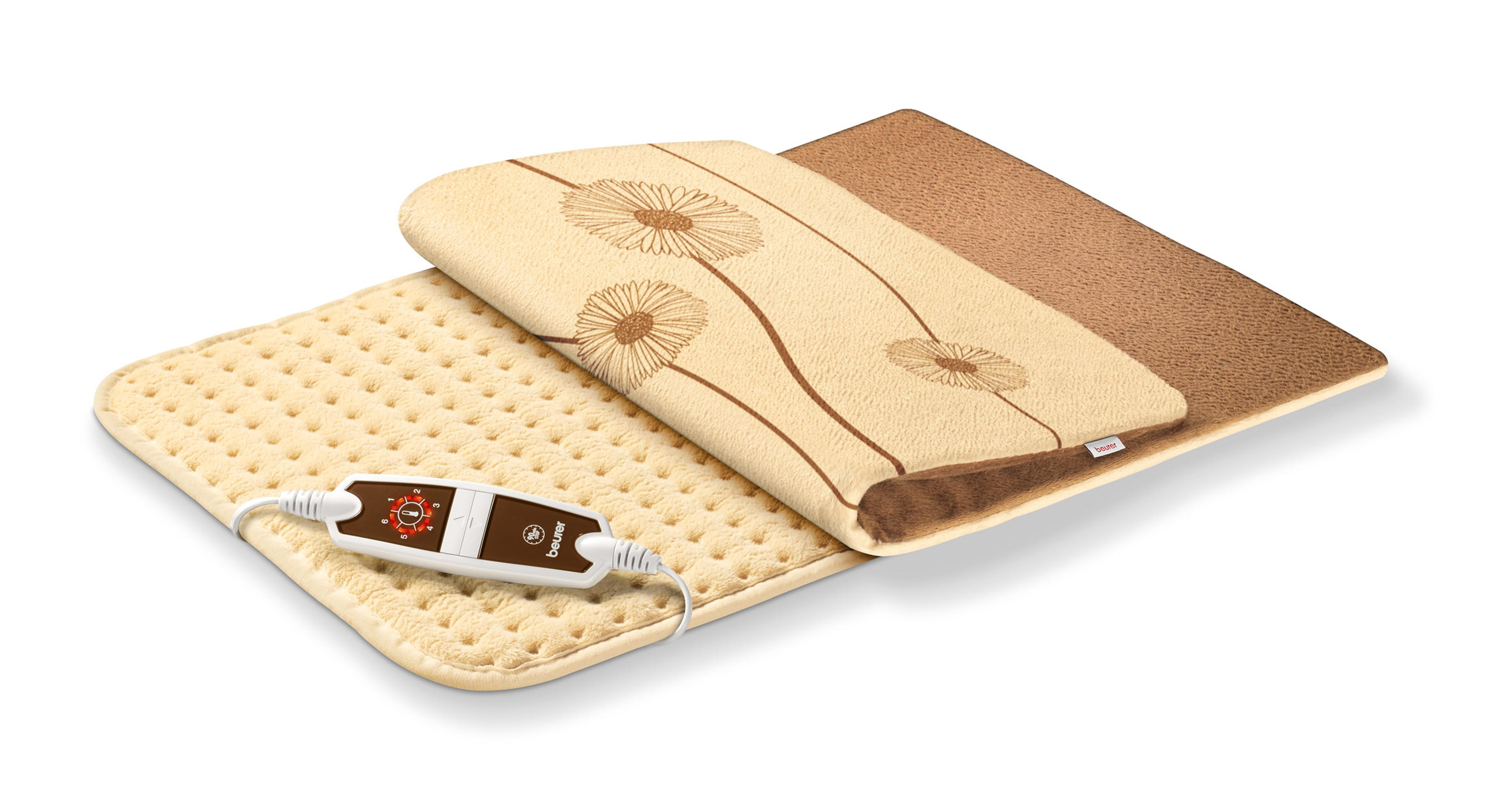 Heizkissen mit beigem und braunem Blumendesign, Bedienfeld und weißem Kabel.