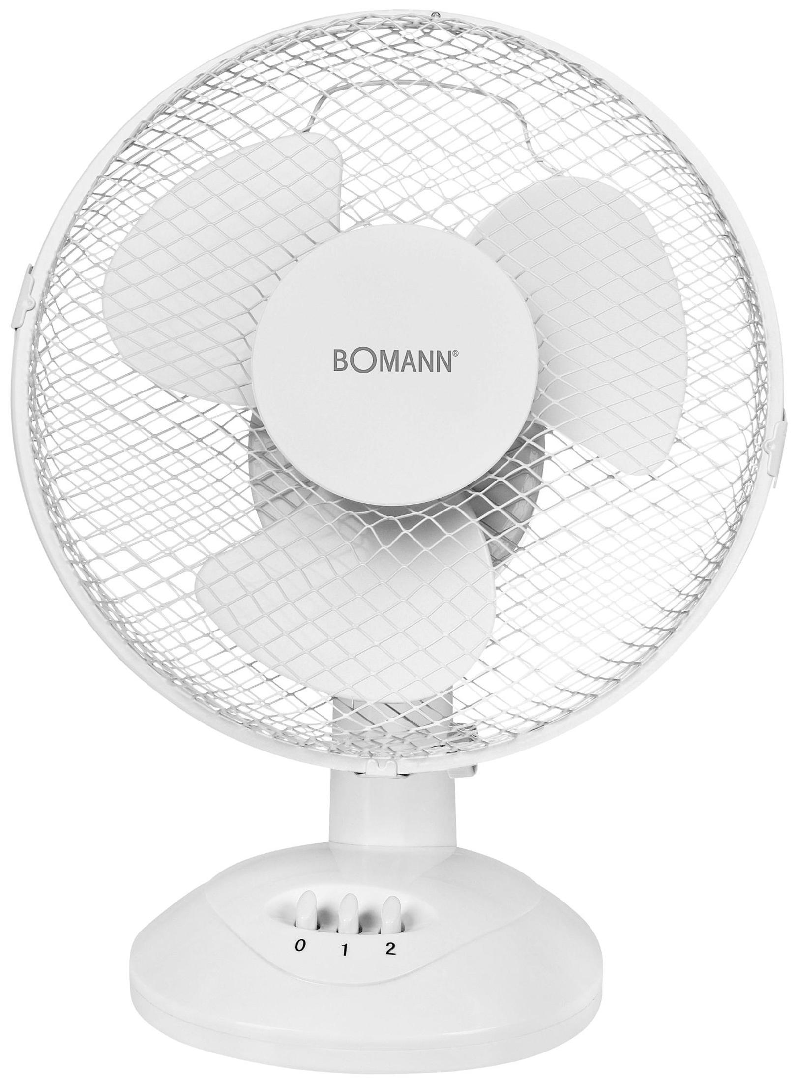 Biały wentylator Bomann z trzema łopatkami, osłoną i okrągłą podstawą.