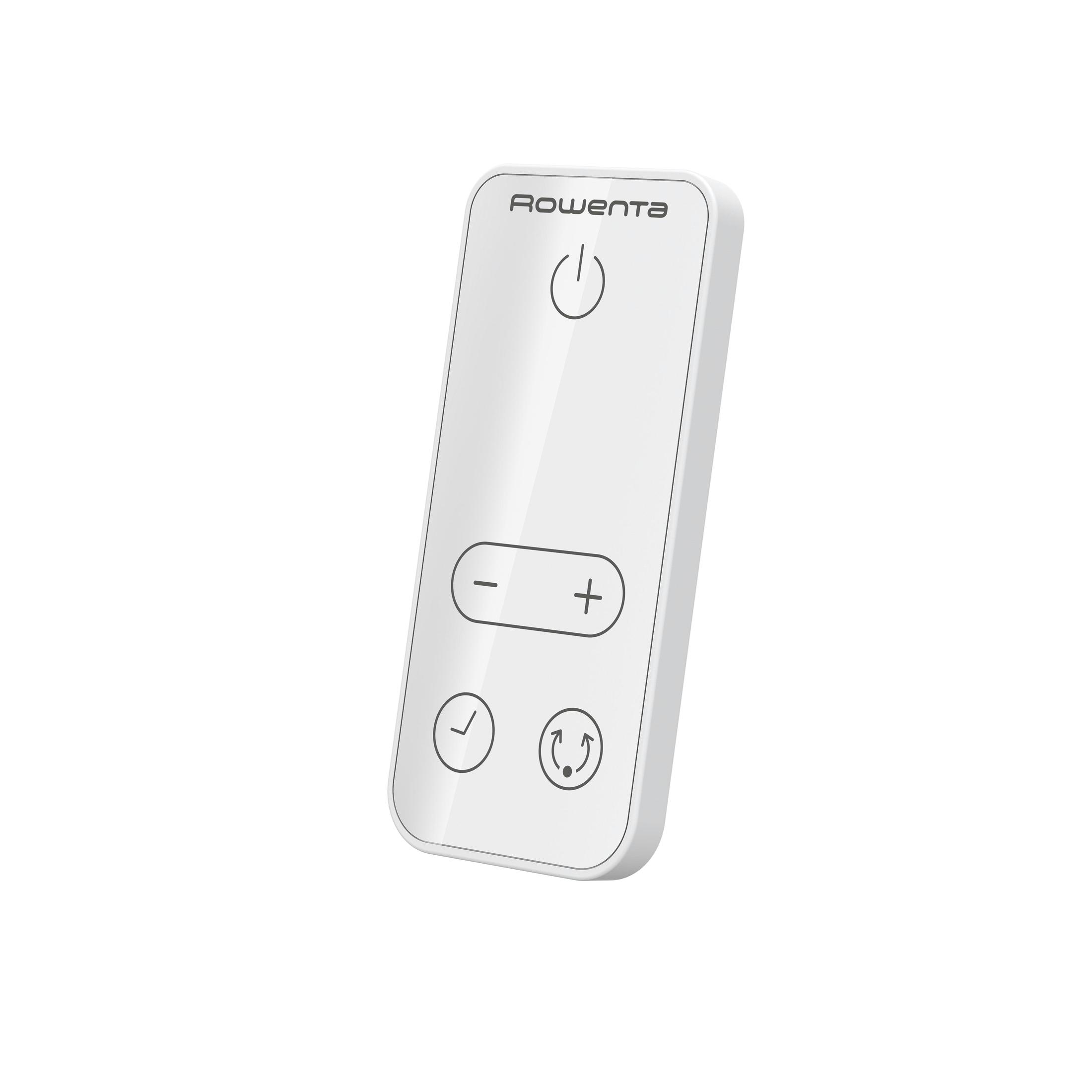 Biały pilot Rowenta z przyciskami zasilania, głośności i kanałów. Prosty, nowoczesny design.