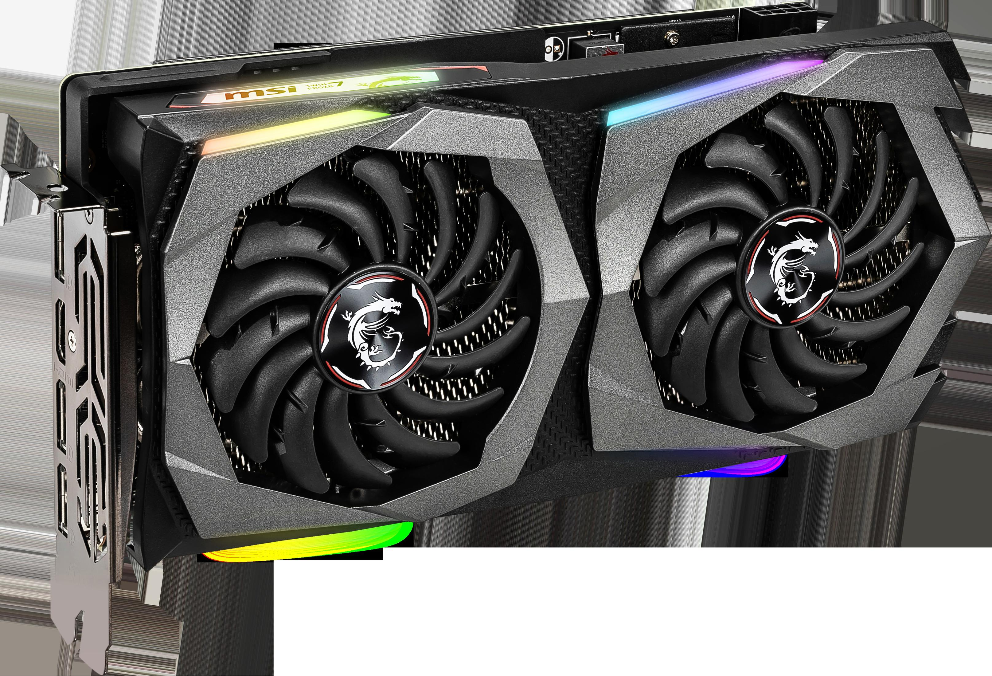 MSI-Grafikkarte mit zwei Lüftern, schwarz-graues Design, mit RGB-Beleuchtung. Die Karte ist abgewinkelt.