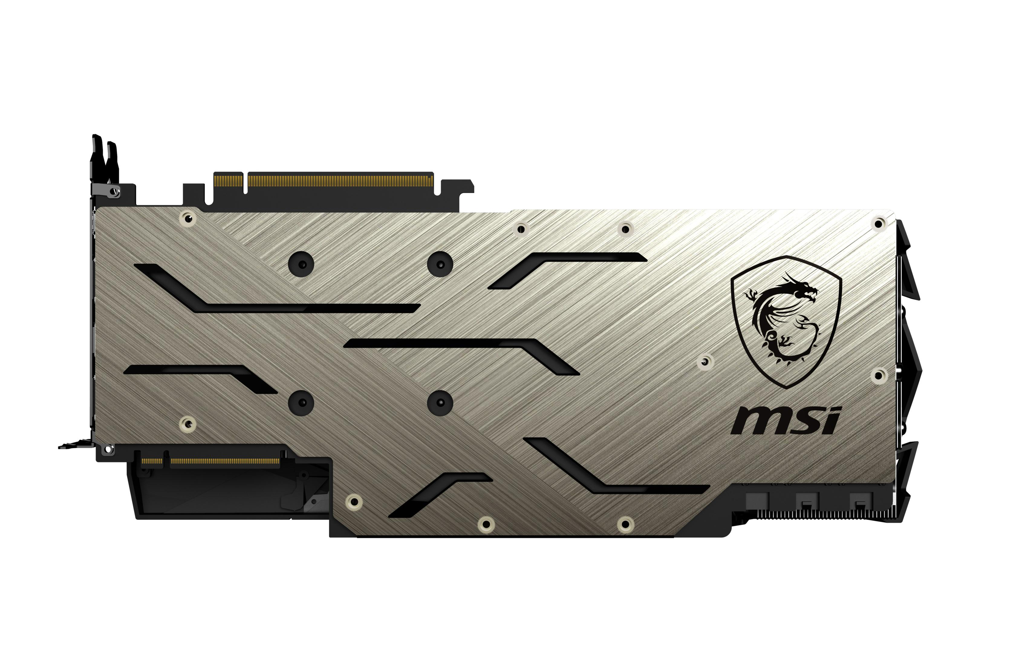 Die Rückseite einer MSI-Grafikkarte. Sie ist silberfarben mit einem Drachenlogo und dem MSI-Logo darauf.