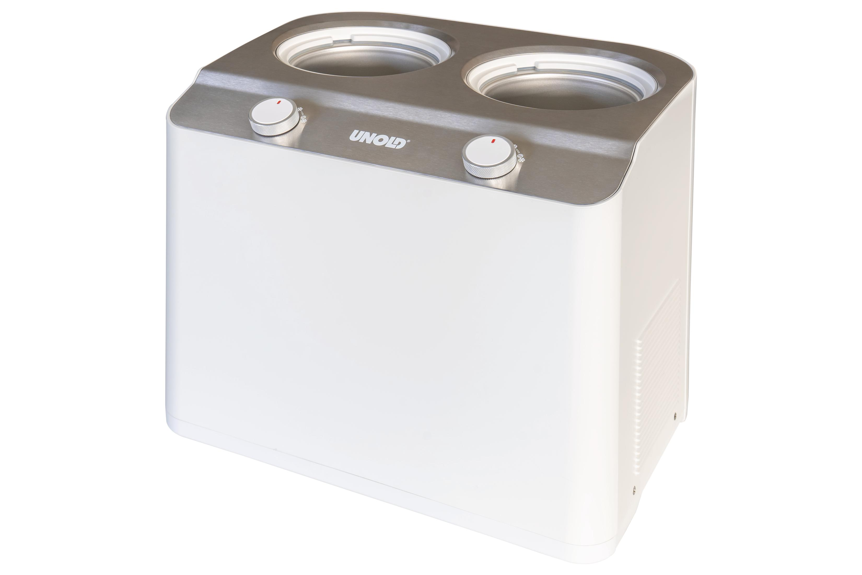 Biało-srebrna maszyna do lodów na białym tle. Posiada dwie miski i panel sterowania z pokrętłami.