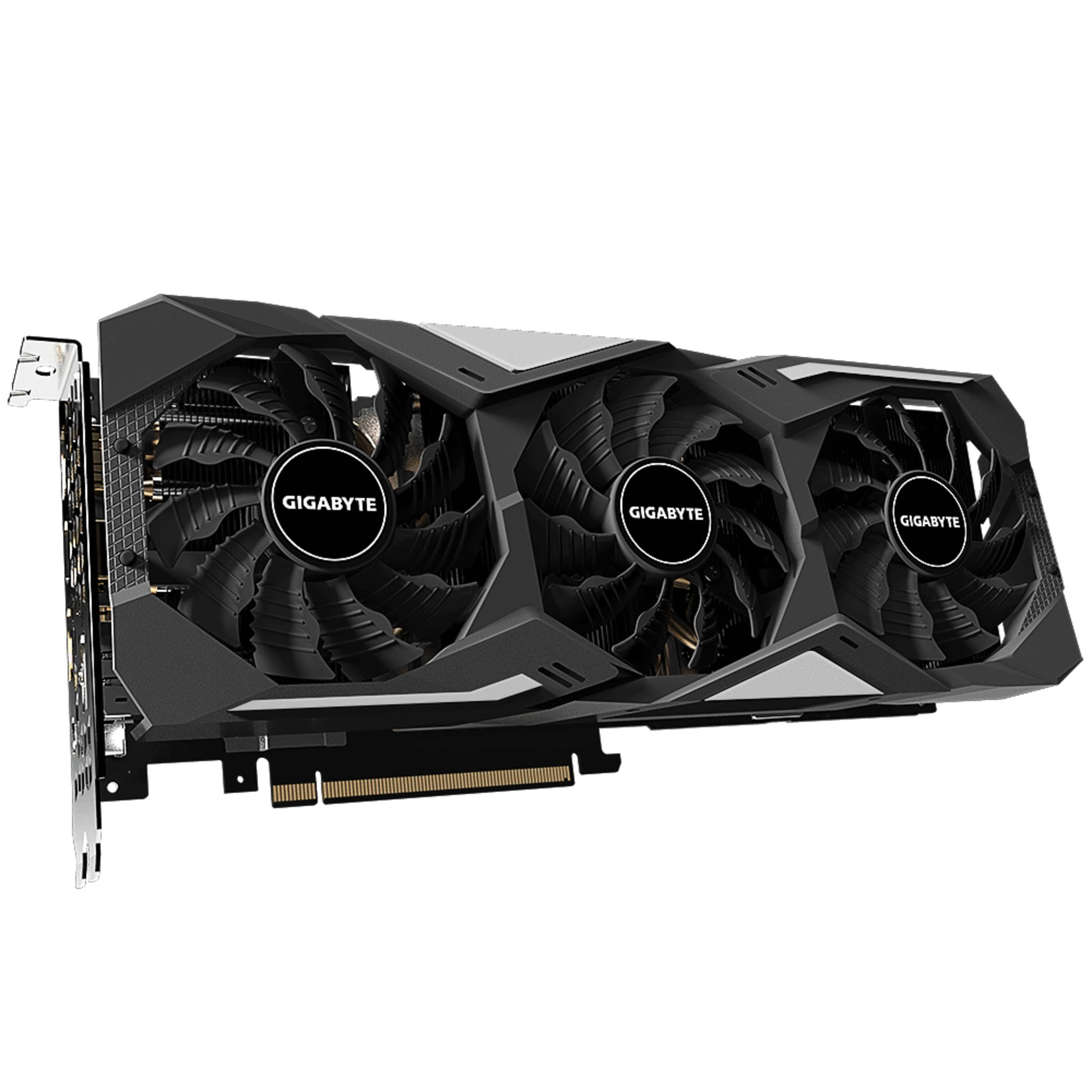 Eine Gigabyte-Grafikkarte mit drei Lüftern. Die Karte ist schwarz und grau. Die Lüfter haben schwarze Flügel.