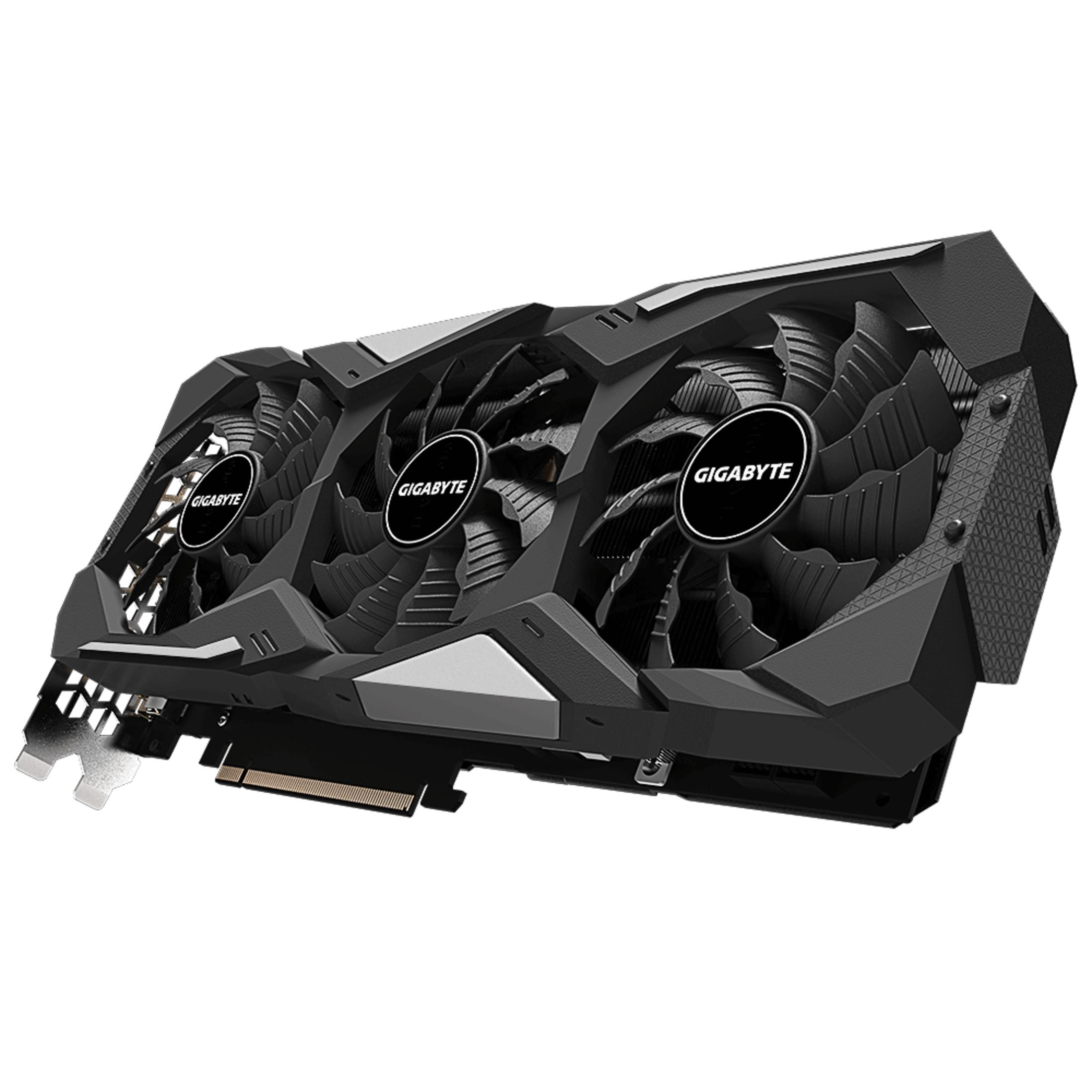 Schwarze Gigabyte Grafikkarte mit drei Lüftern. Der Hintergrund ist weiß.