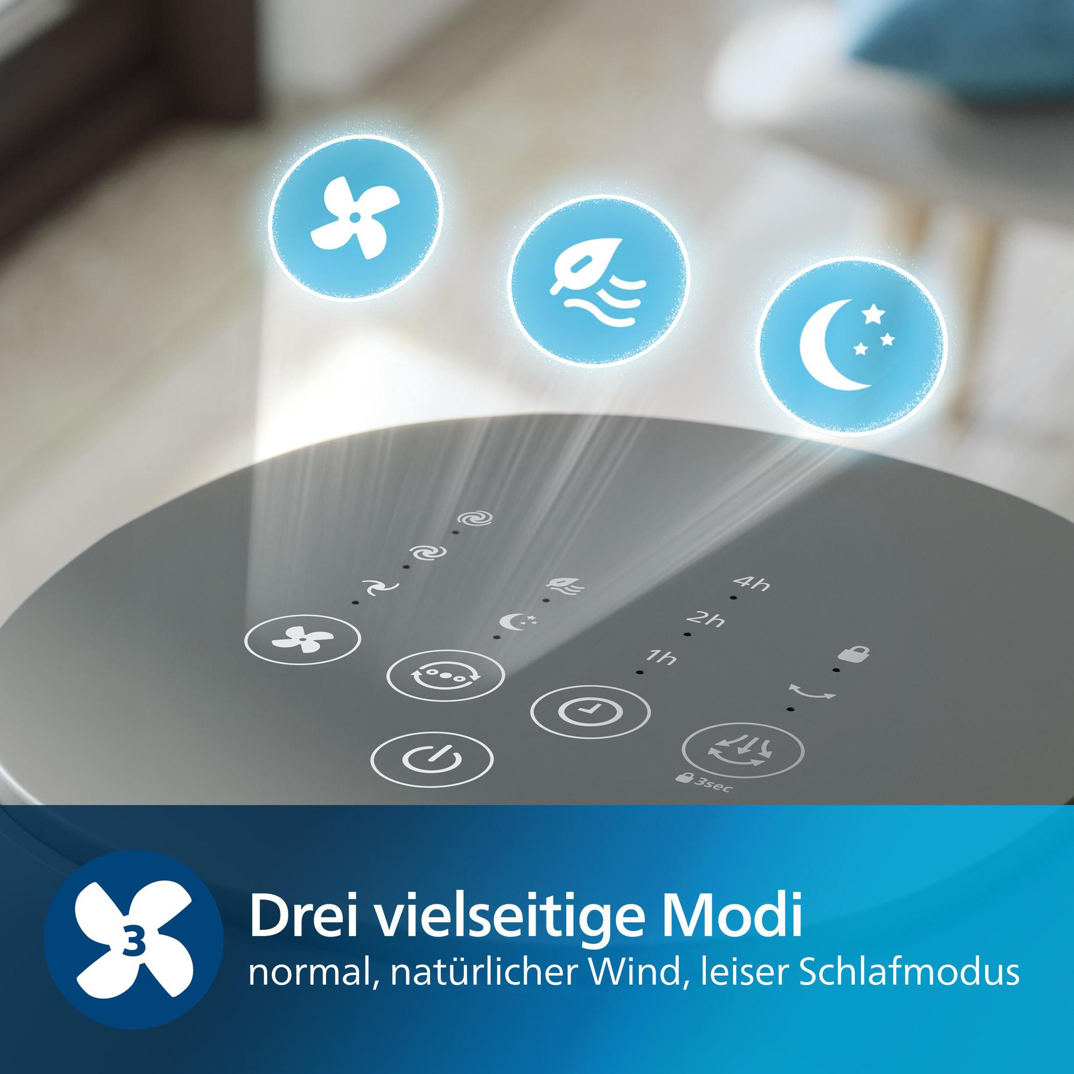 Nahaufnahme eines Ventilators mit drei Funktionstasten. Der Ventilator hat drei Modi: normal, natürlicher Wind, Schlaf.
