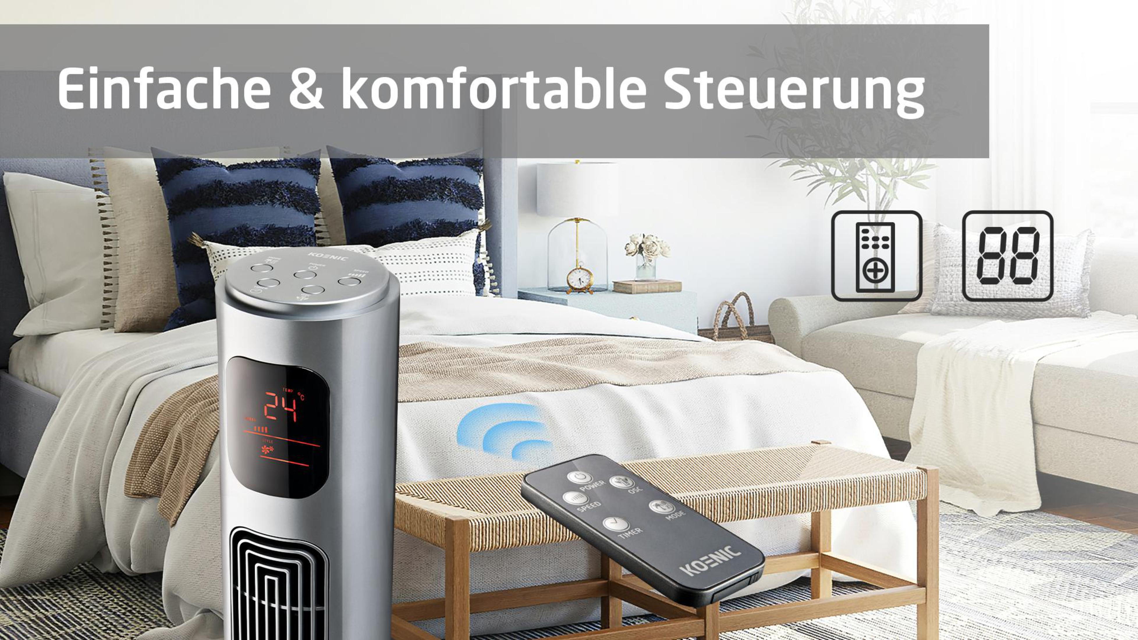 Modernes Schlafzimmer mit Ventilator und Fernbedienung auf einer Bank, Digitalanzeige.