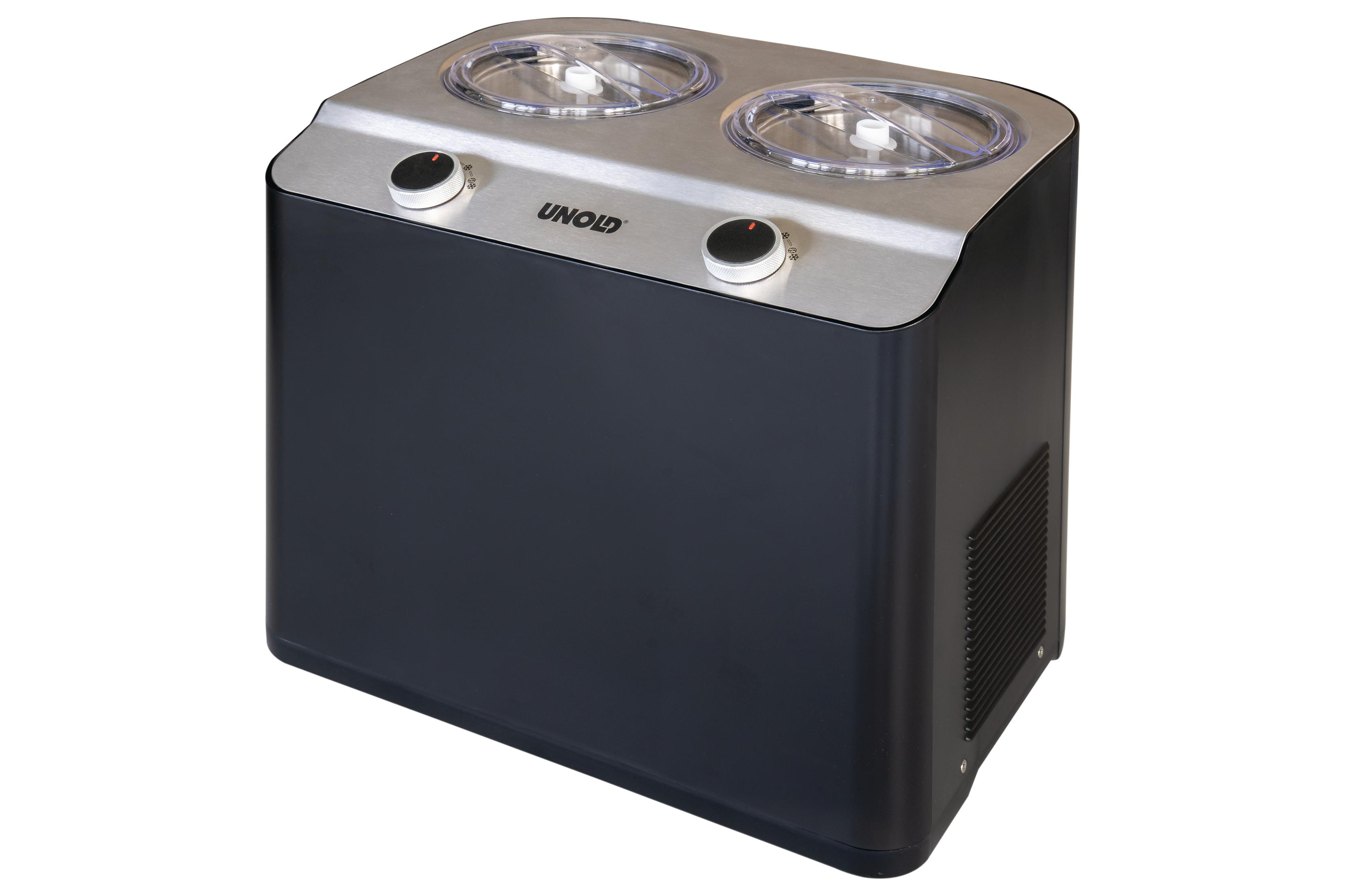 Czarno-srebrny podwójny ekspres do lodów. Widoczne dwie pokrywy i pokrętła sterowania.