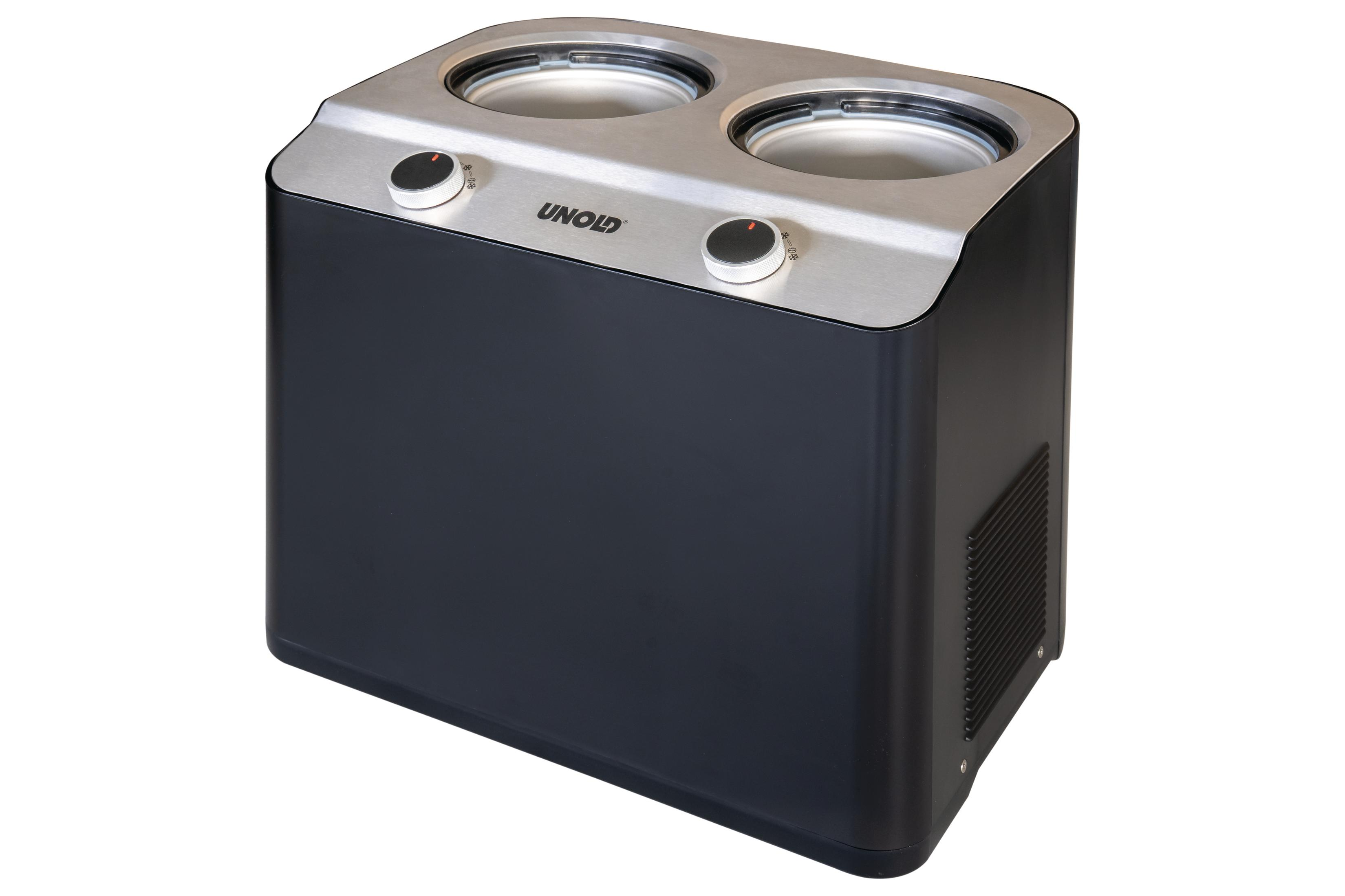 Maszyna do lodów z dwoma komorami, srebrną górą i czarnym korpusem.