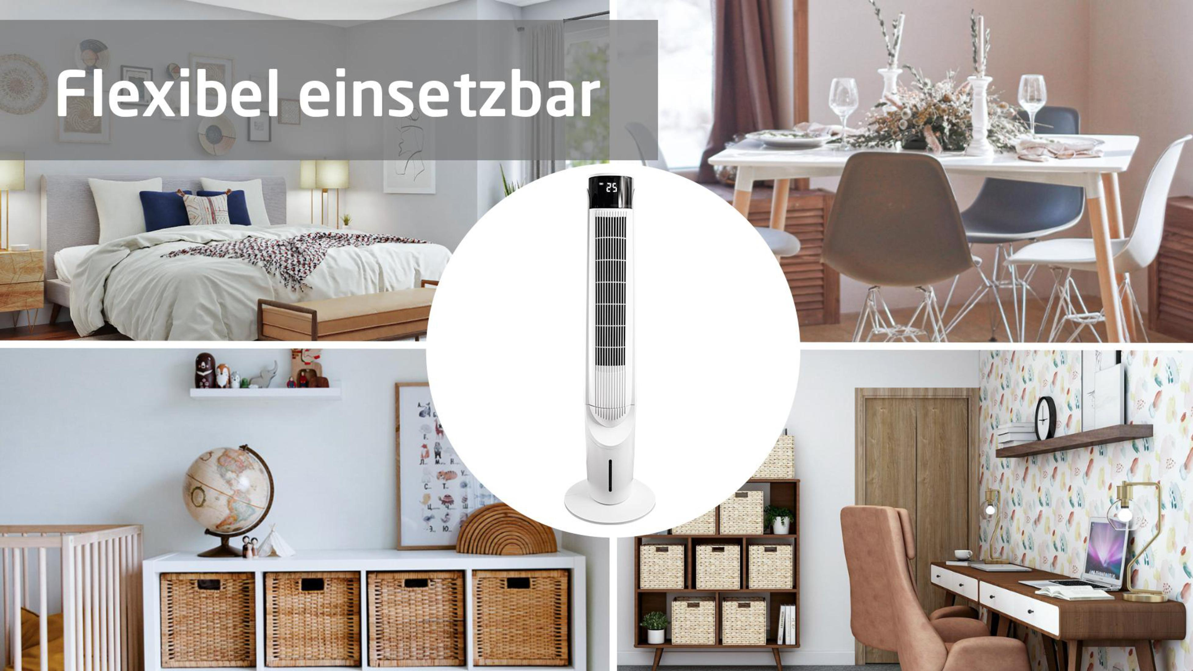 Ein moderner, weißer Turmventilator in verschiedenen Räumen, der seine Vielseitigkeit in einer häuslichen Umgebung zeigt.