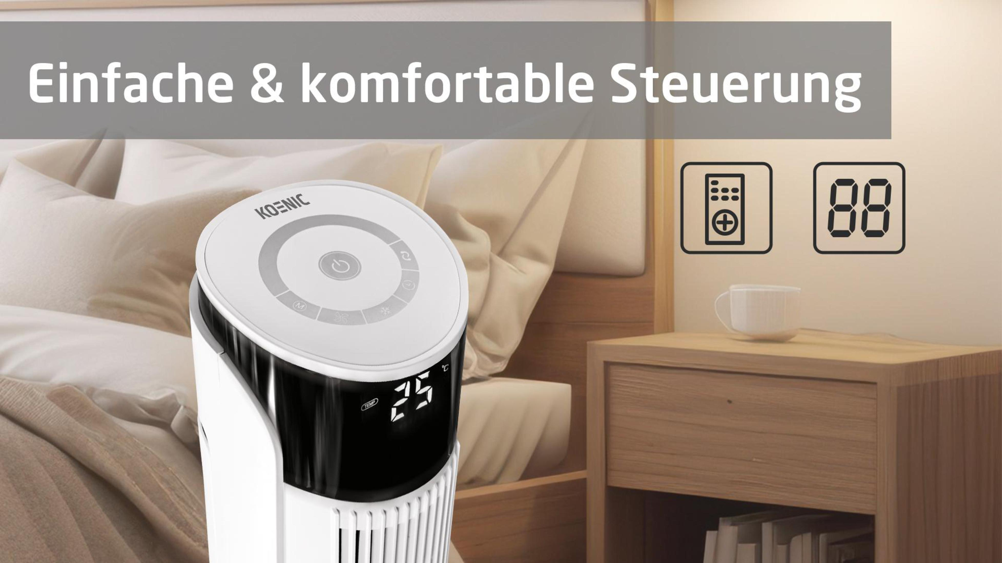 Weißer und schwarzer Luftreiniger mit Digitalanzeige und Bedienelementen.
