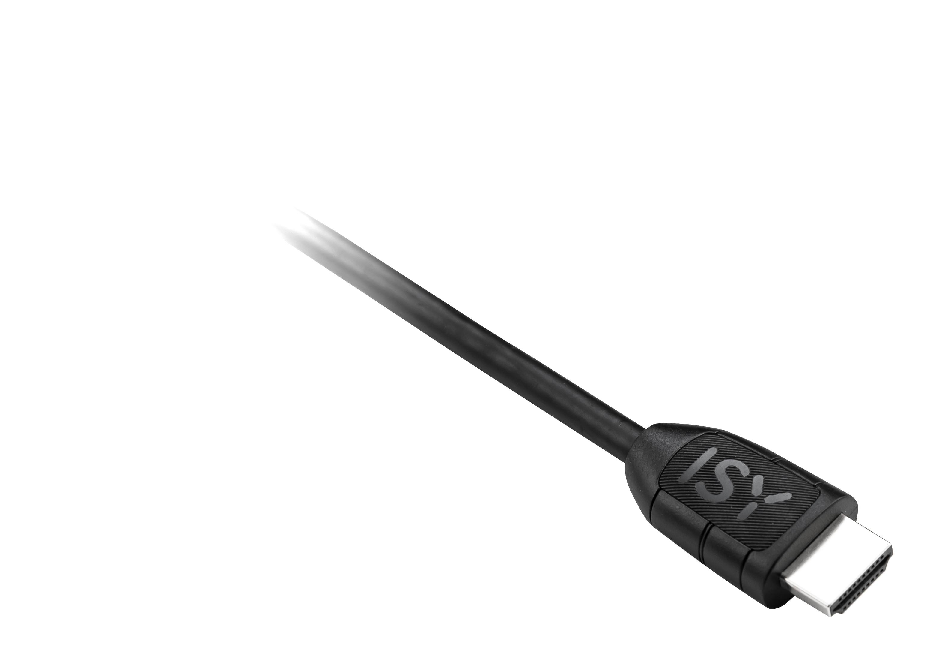 Ein schwarzes HDMI-Kabel, das nach rechts abgewinkelt ist. Der Stecker hat das ISY-Logo. Der Hintergrund ist weiß.