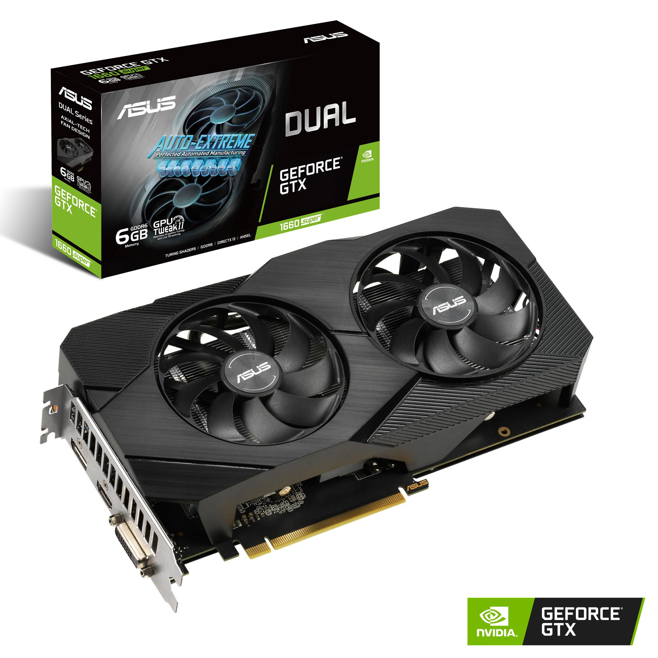 ASUS Dual GeForce GTX 1660 SUPER Grafikkarte. Box im Hintergrund. Verfügt über zwei Lüfter.