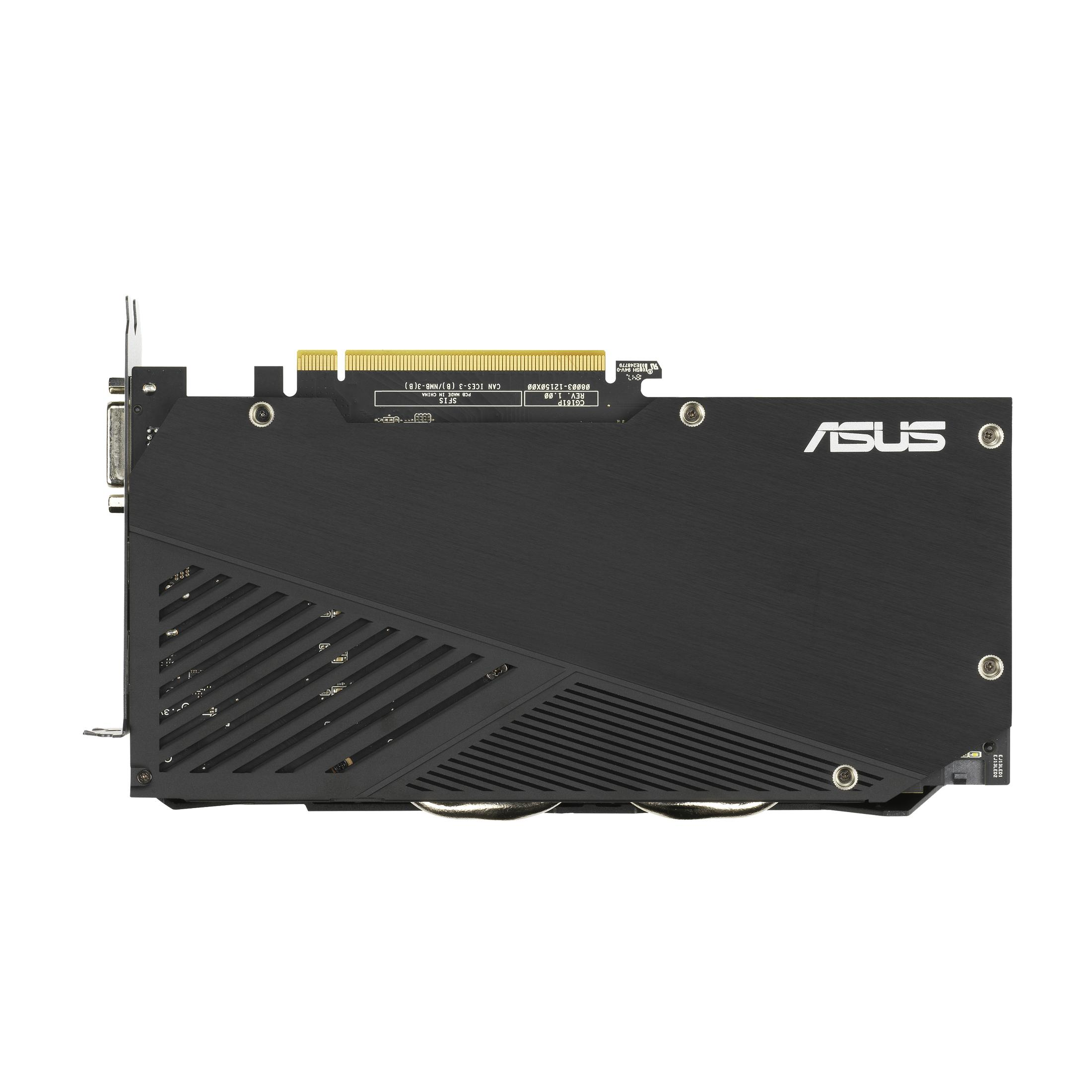 Asus-Grafikkarte, schwarz mit weißem ASUS-Logo. Rückseite der Karte sichtbar.