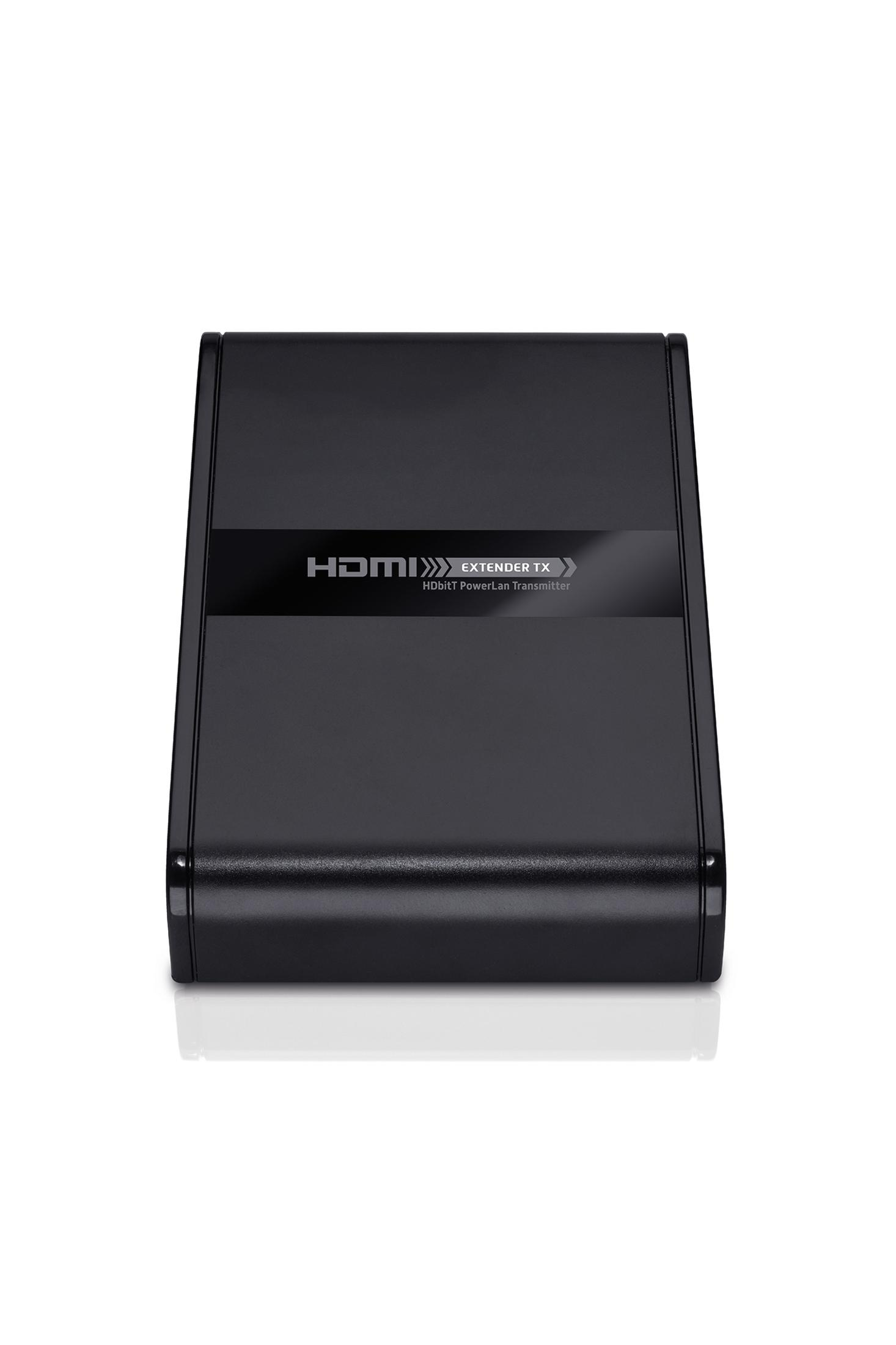 Ein schwarzes HDMI Extender TX Gerät. Der Text 'HDMI EXTENDER TX' ist sichtbar.