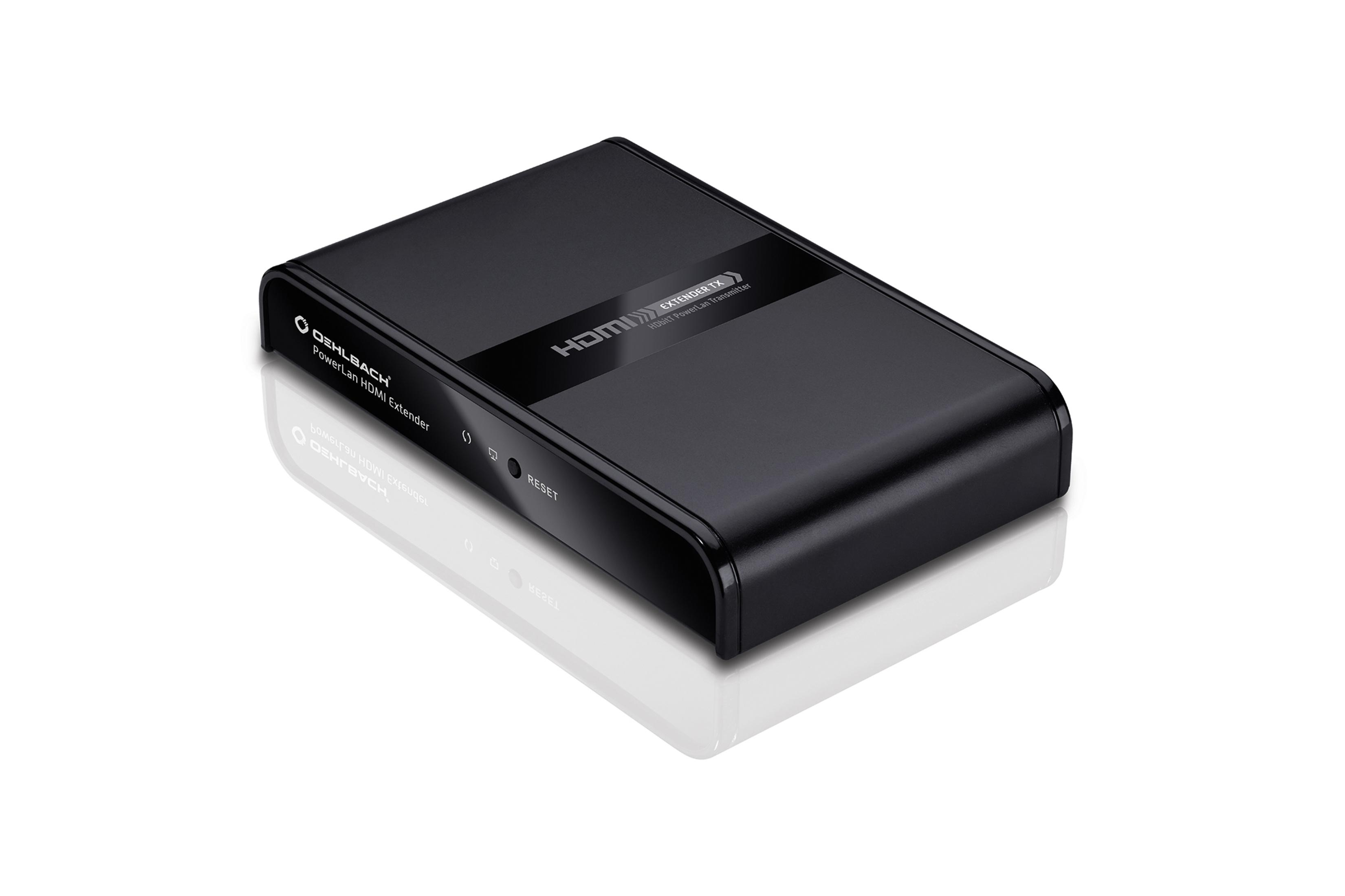 Schwarzes HDMI-Extender-Gerät auf weißer Oberfläche. Reflexion sichtbar.