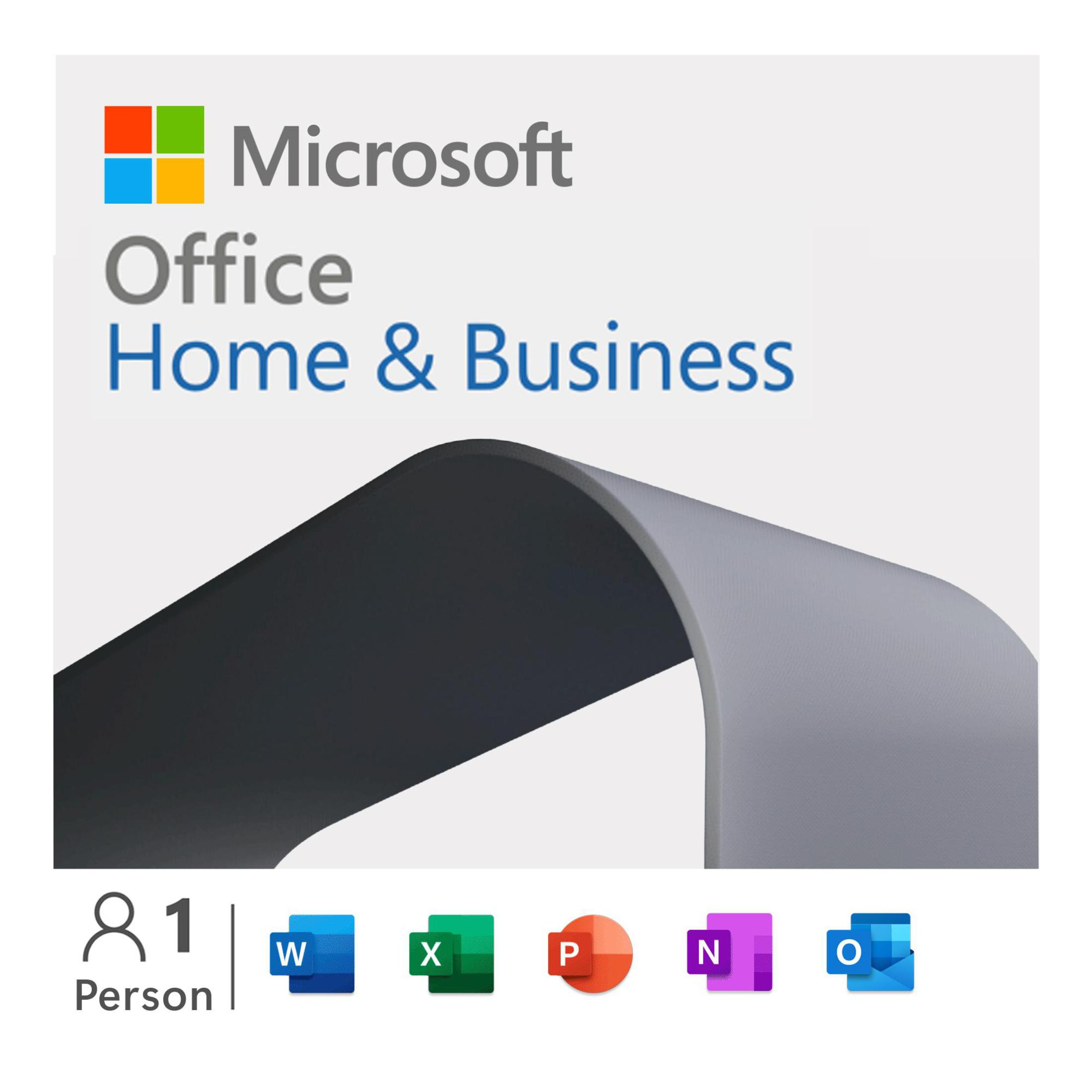 Microsoft Office Home & Business Softwarebox und -symbole auf weißem Hintergrund.