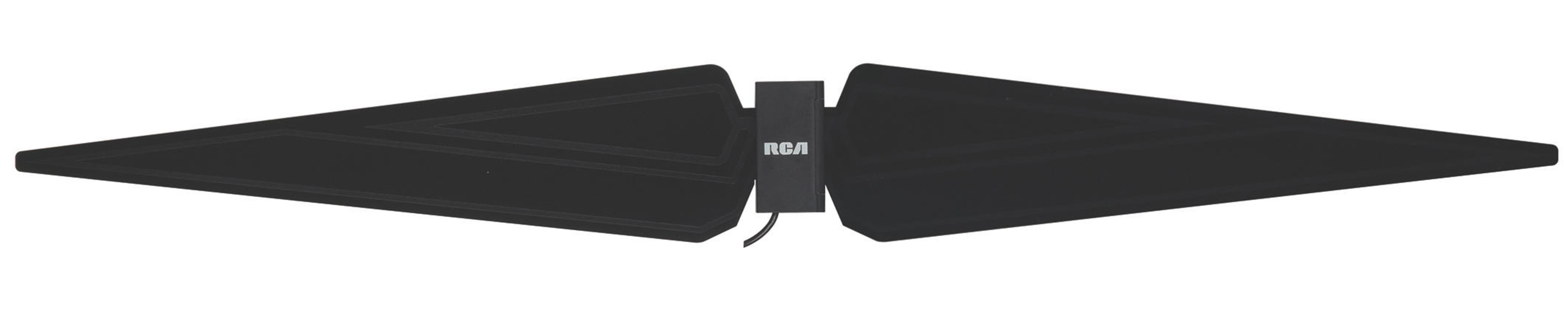 Schwarze RCA-Antenne mit Flügeln. Es ist ein flaches, schmetterlingsförmiges Gerät zum TV-Empfang.