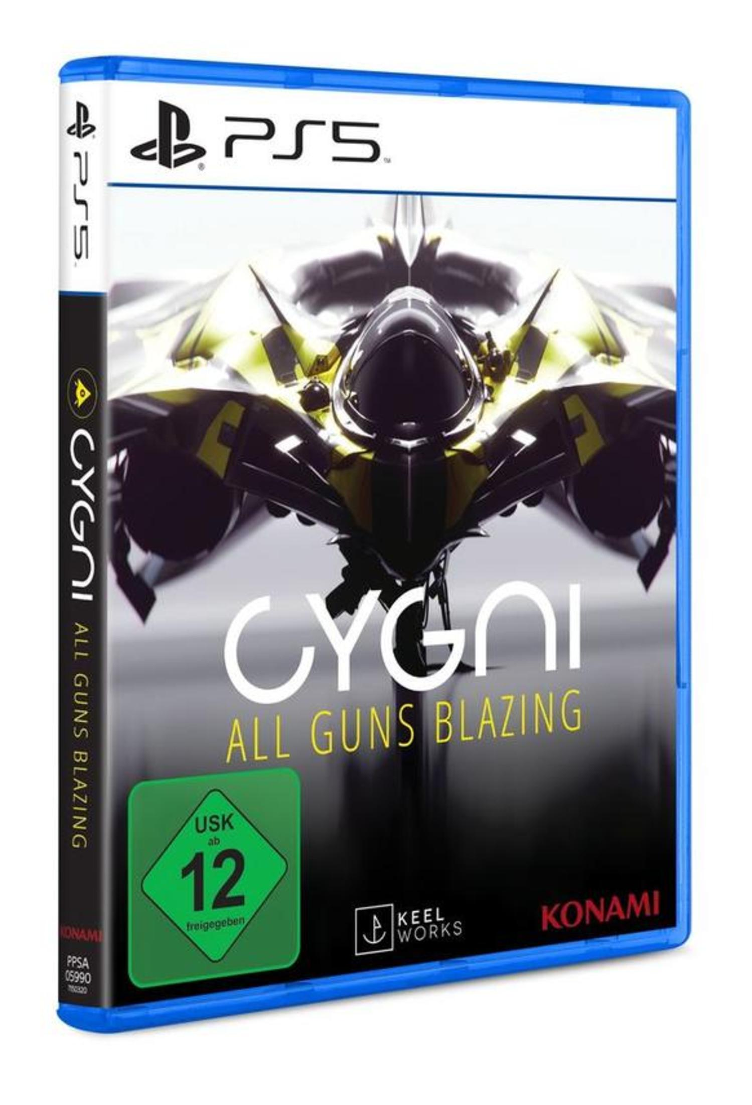 Videospiel-Cover für das PS5-Spiel Cygnia: All Guns Blazing. Das Spiel-Cover ist blau.