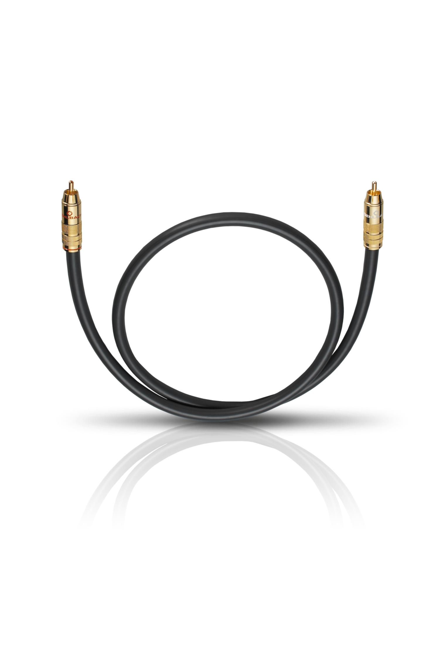 Schwarzes Cinch-Audiokabel. Das Kabel ist schwarz und hat goldspitzige Stecker an beiden Enden, in Schleifenform.