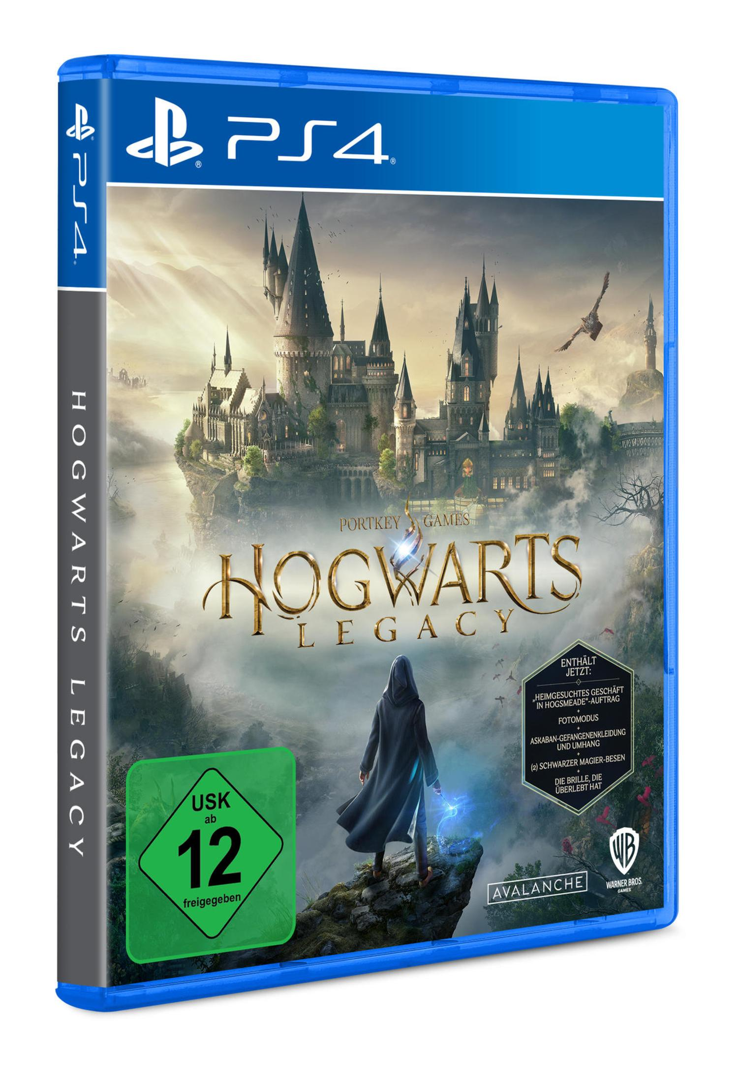 Scatola gioco Hogwarts Legacy per PlayStation 4. Personaggio con Hogwarts sullo sfondo.
