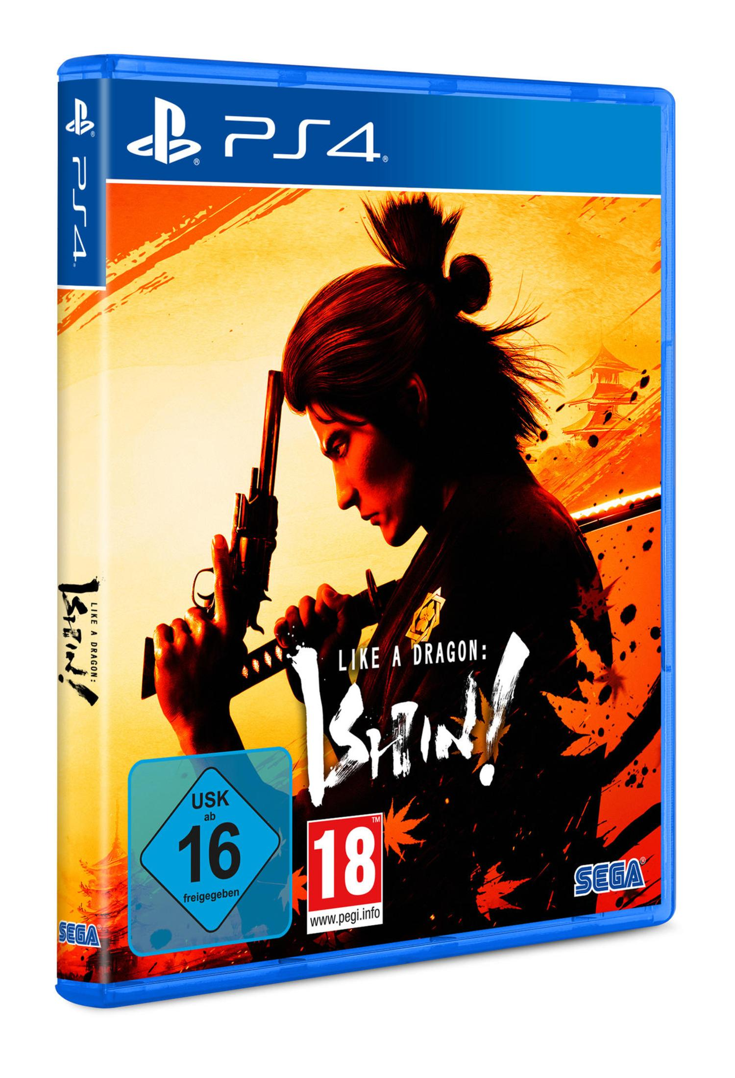 Copertina del gioco PS4 Like a Dragon: Ishin! Un uomo in abito da samurai tiene una pistola e una spada.