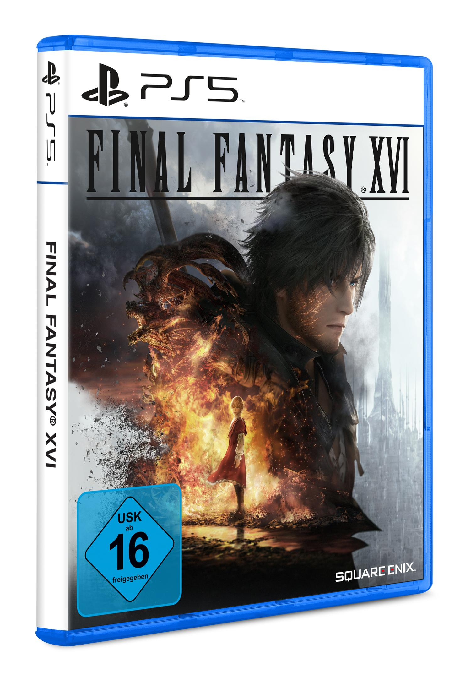 Eine PS5-Spielhülle für Final Fantasy XVI, mit einem Mann in einer feurigen Szene.