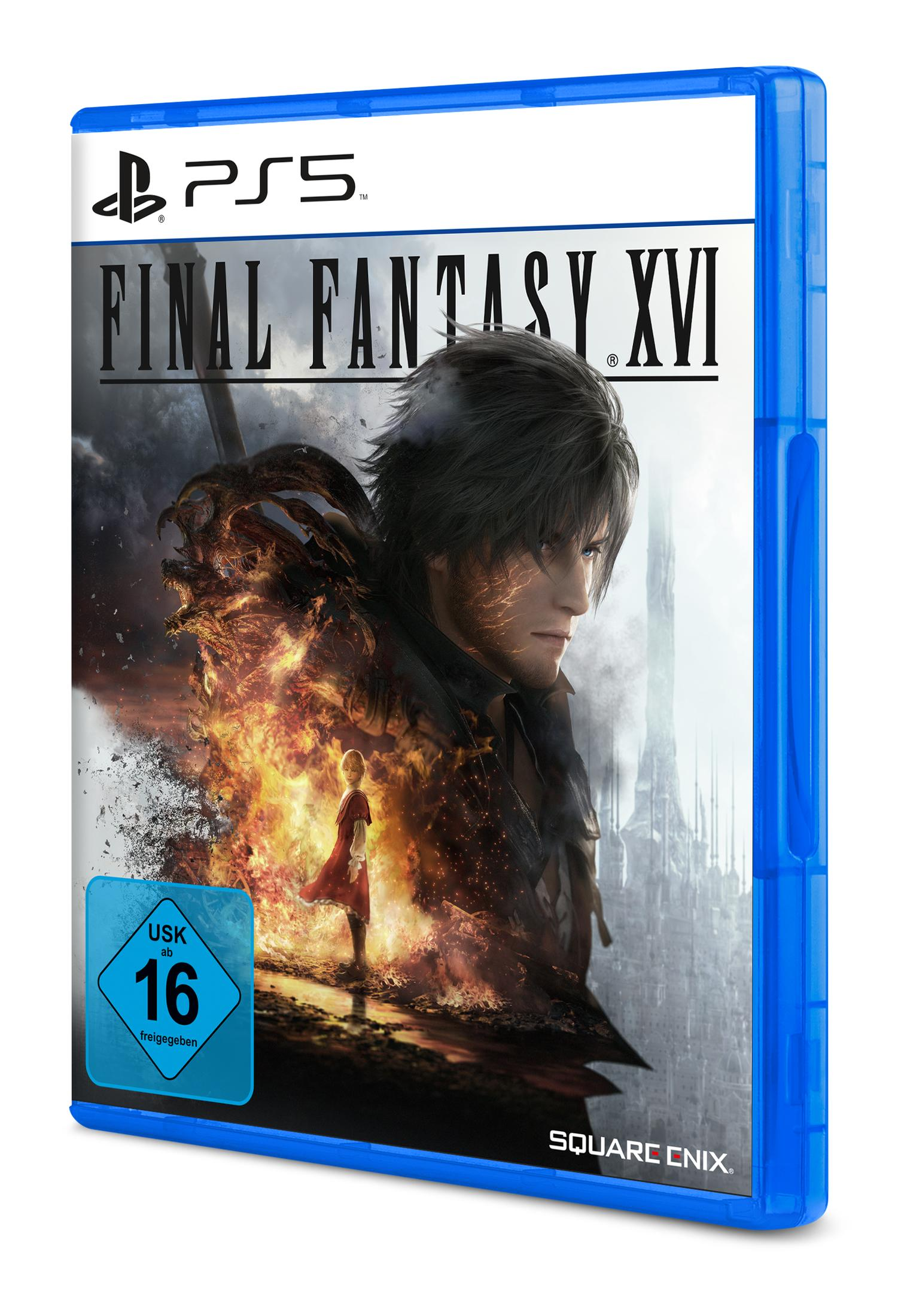 PS5-Spielbox: Final Fantasy XVI-Cover-Art mit Charakter und Feuer, blaue Hülle.