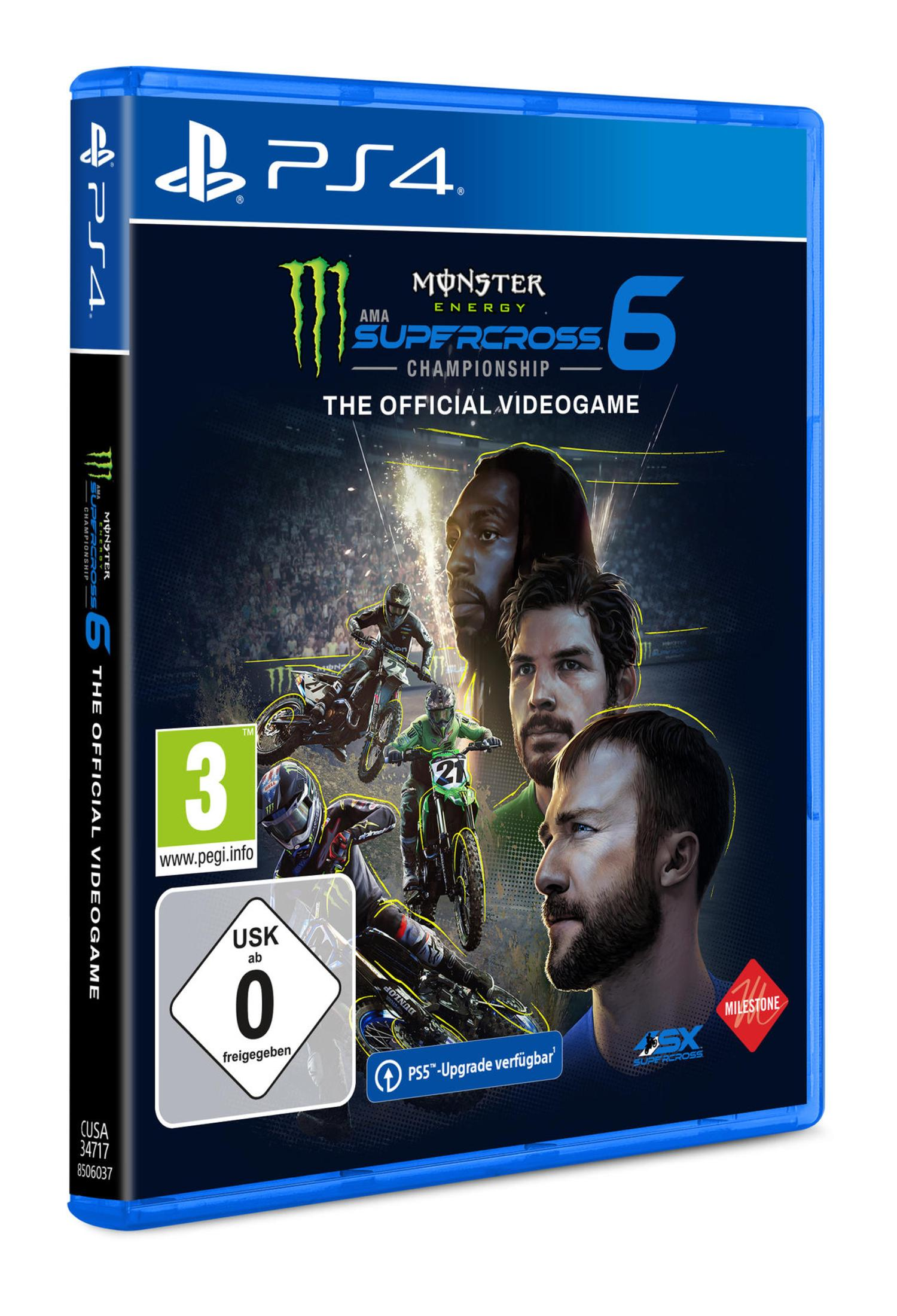 Spielbox-Art für "Monster Energy Supercross 6", mit Rennfahrern und Logo.