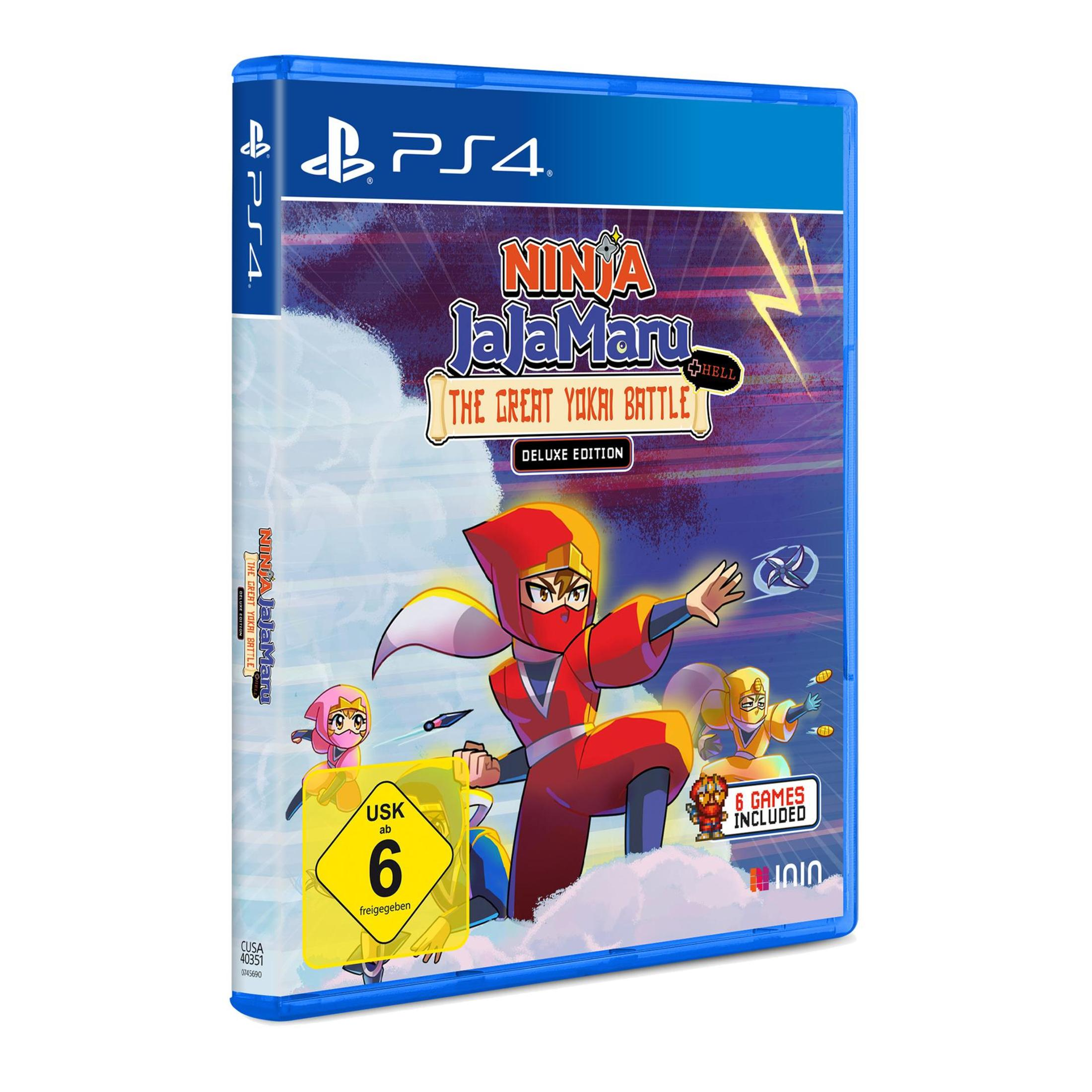 PS4-Spielbox für Ninja JaJaMaru mit Cartoon-Ninja-Figuren. Die Box ist blau.