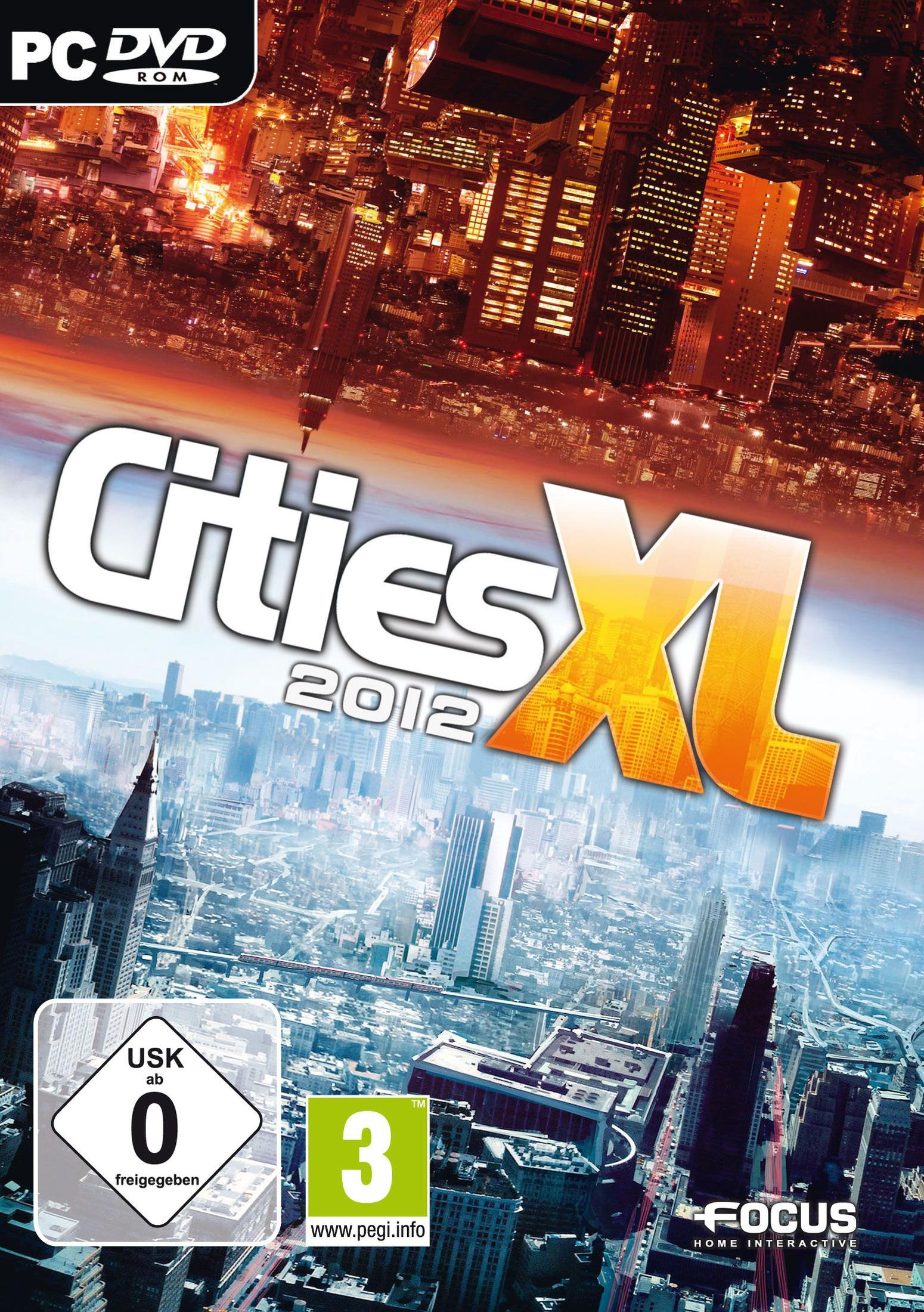 Cities XL 2012 Spielbox. Gebäude und Stadtlandschaft im Hintergrund. Weißer Hintergrund.