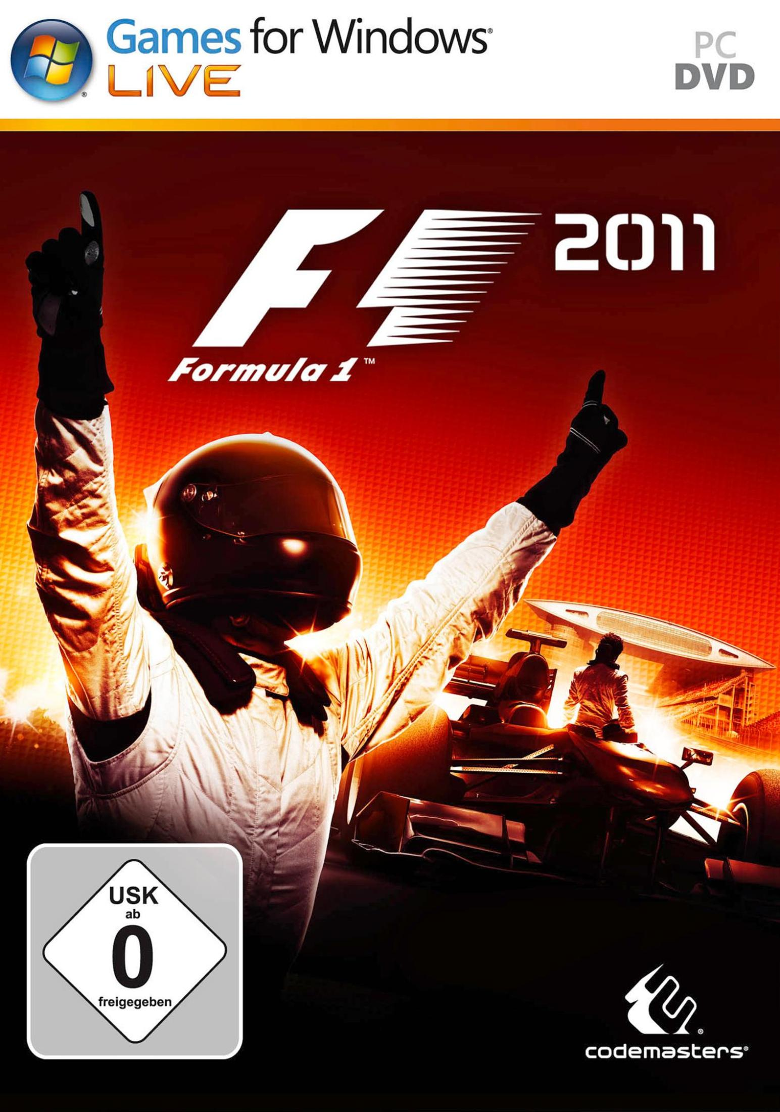 F1 2011-Spielcover mit einem Rennfahrer, der die Arme hebt. Roter Hintergrund. Games for Windows LIVE Logo.