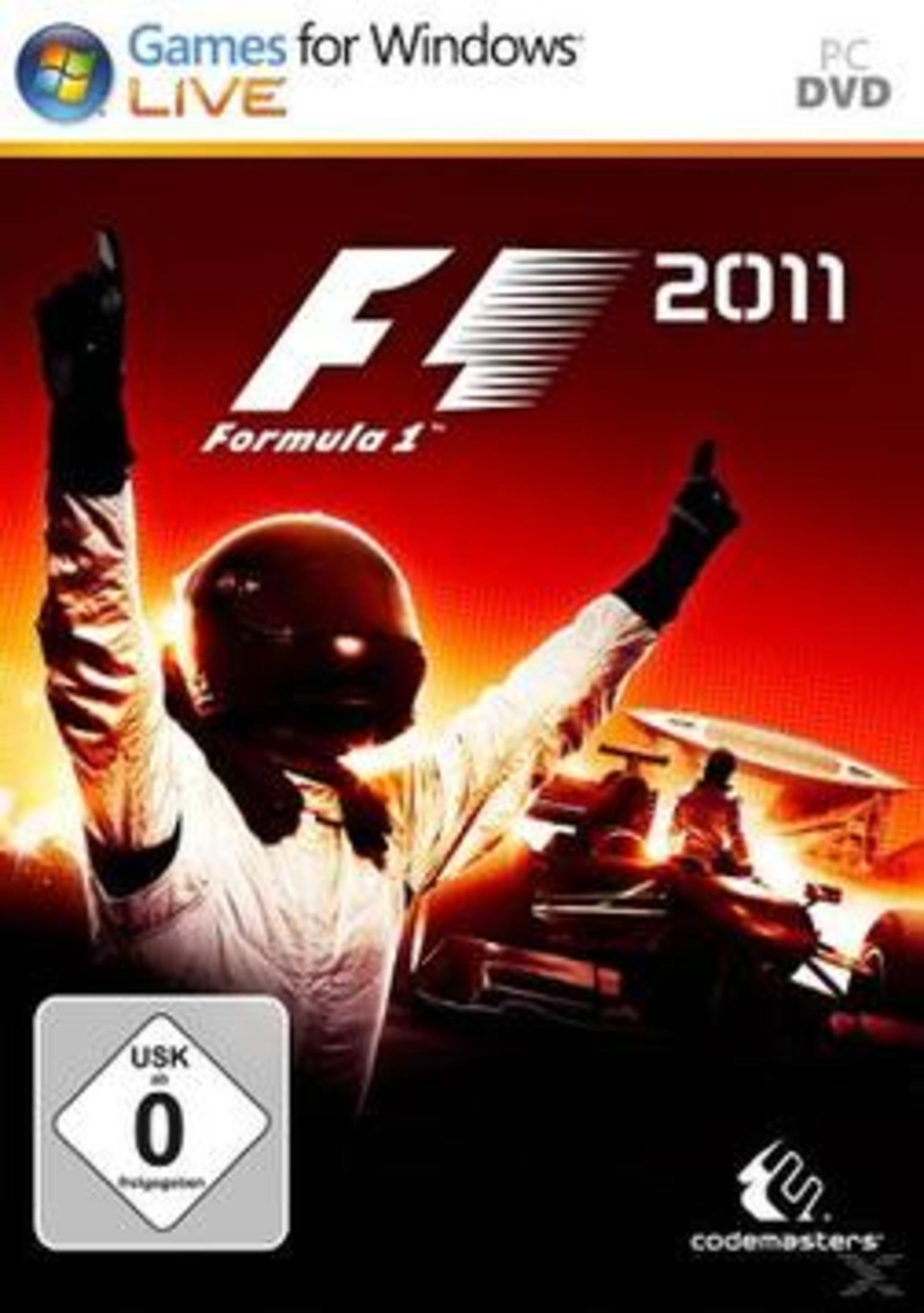 Ein Spielcover für F1 2011. Es zeigt einen Rennfahrer mit erhobenen Armen. Das USK 0-Logo ist in der Ecke.