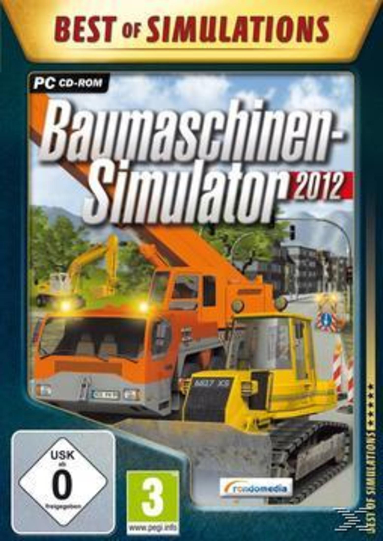 Eine Videospielverpackung für "Baumaschinen-Simulator 2012" mit Baumaschinen darauf.