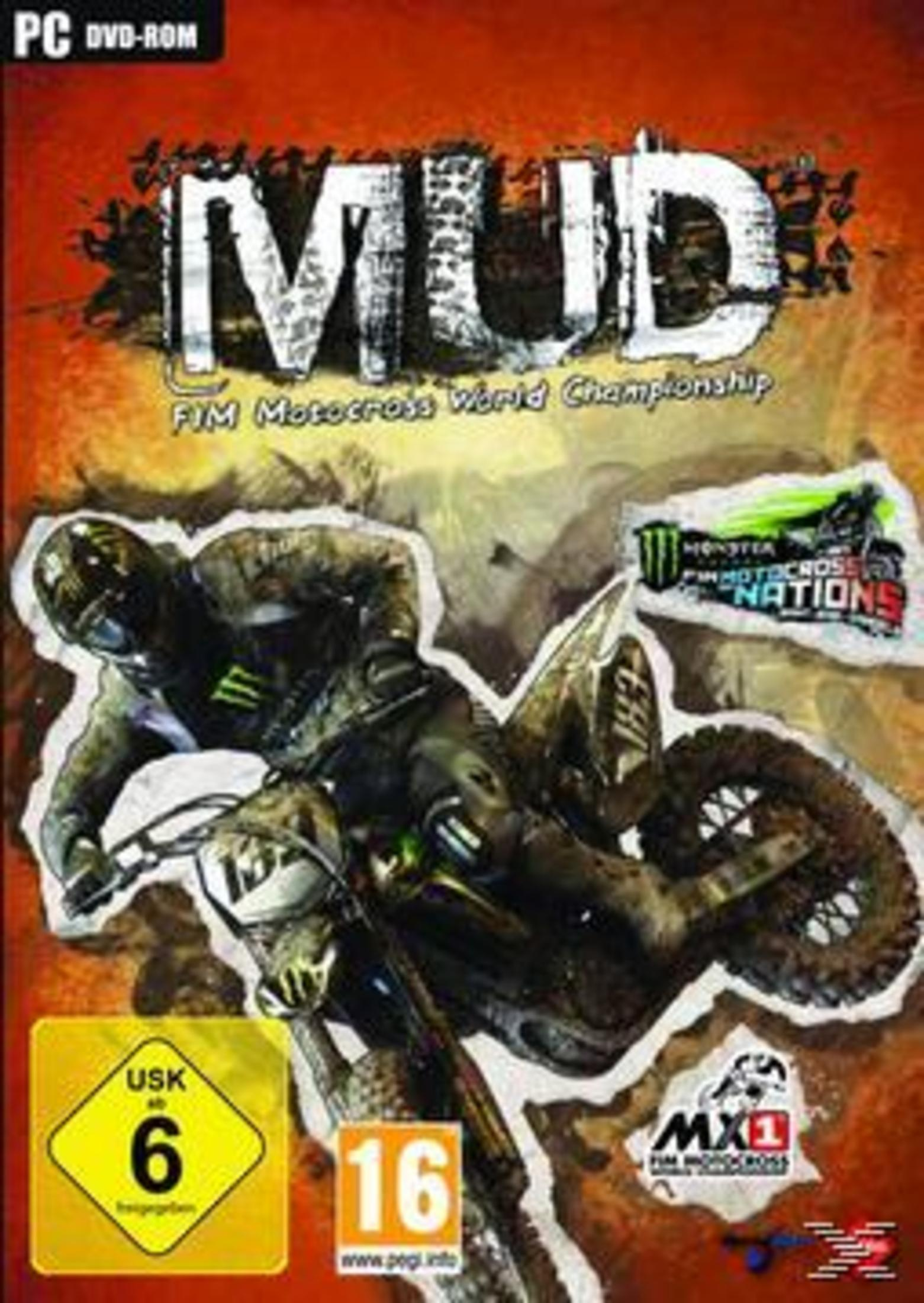 Videospiel-Cover-Art eines Motocross-Rennfahrers in der Luft auf einem Motorrad, Titel MUD.