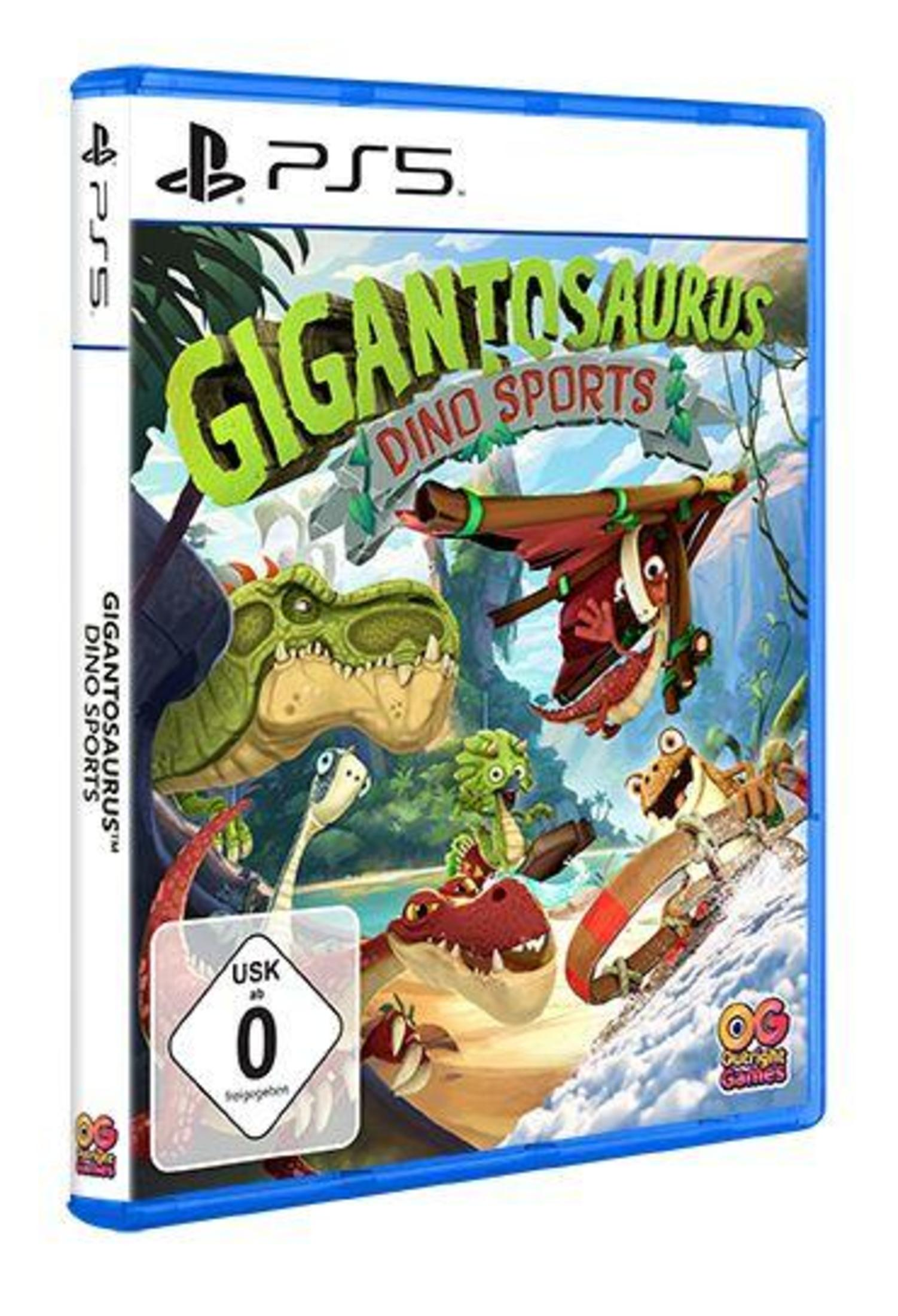 PS5-Spielbox von Gigantosaurus Dino Sports. Bunte Dinosauriergrafiken, USK-Einstufung.