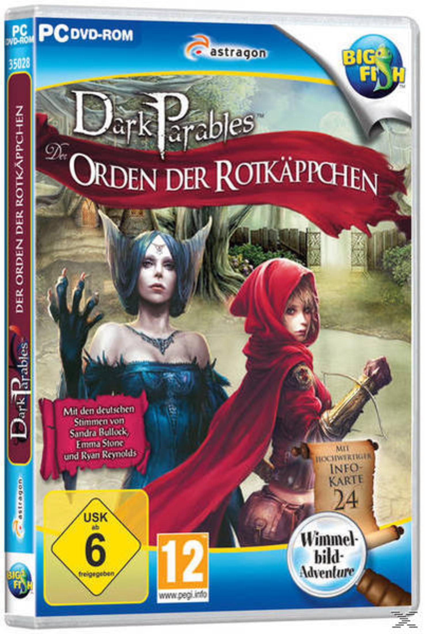 Dark Parables Spielbox-Art. Zeigt eine Frau und ein Mädchen in rotem Umhang. Weißer Hintergrund.