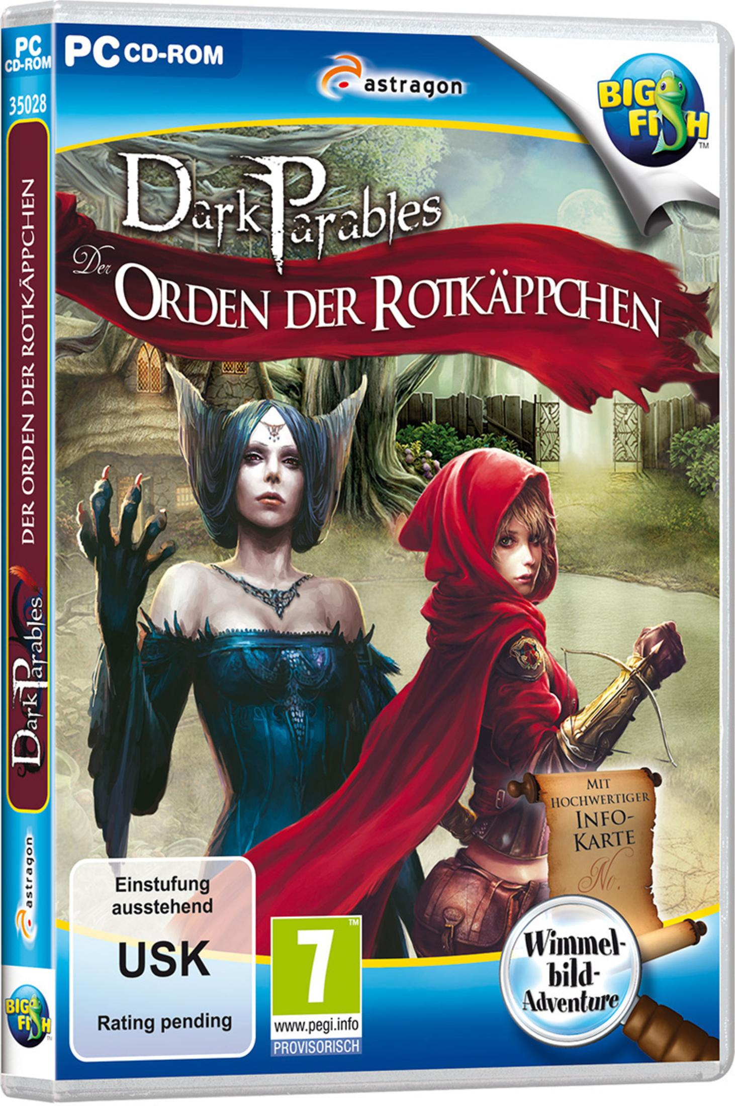 Spielcover für Dark Parables, zeigt zwei Frauen, eine in rotem Umhang, und Text auf weißem Hintergrund.