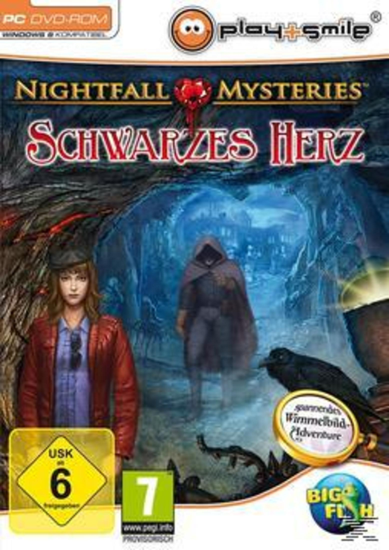 Spielbox für 'Nightfall Mysteries'. Eine Frau steht in einer Höhle; eine Gestalt ist im Hintergrund.
